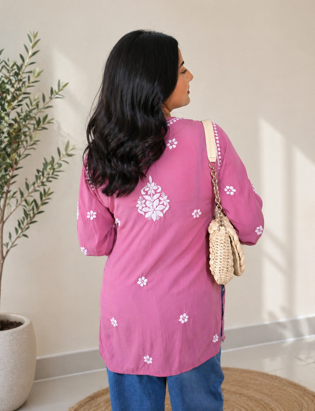 Aahana Chikankari Mauve Pink Short Kurta 100% Modal
