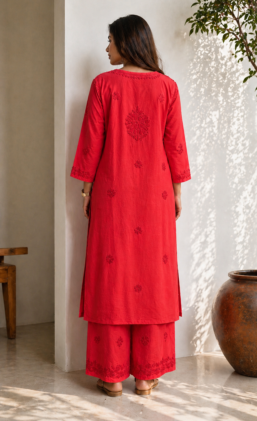 Aafreen Hand Embroidered Chanderi Caramel Chikankari Kurta Set