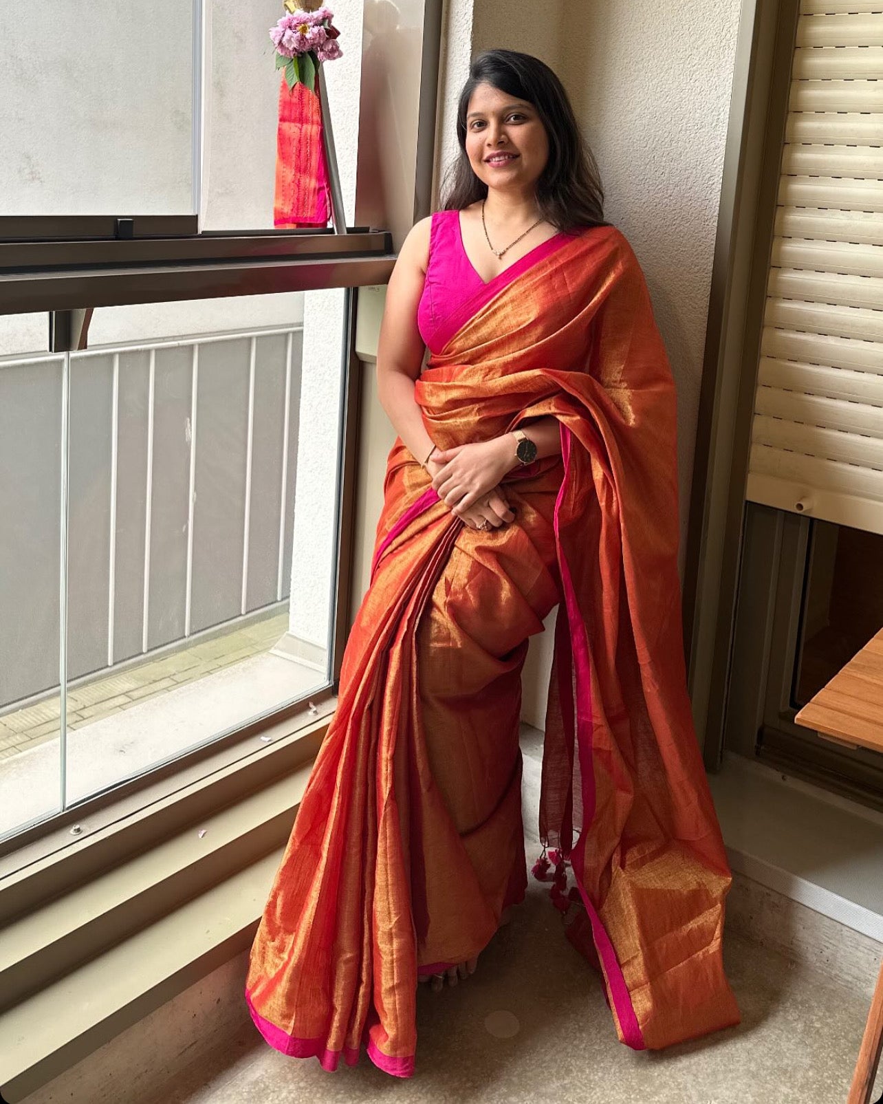 Orange and Pink Khadi Tissue with Pink Border