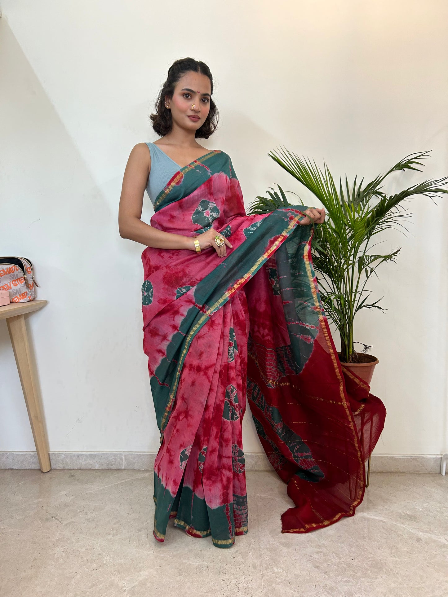 Pink and Pine Green Tie-Dye Cotton and Silk Chanderi Saree