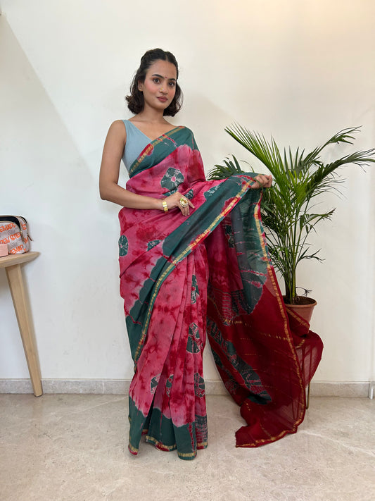 Pink and Pine Green Tie-Dye Cotton and Silk Chanderi Saree
