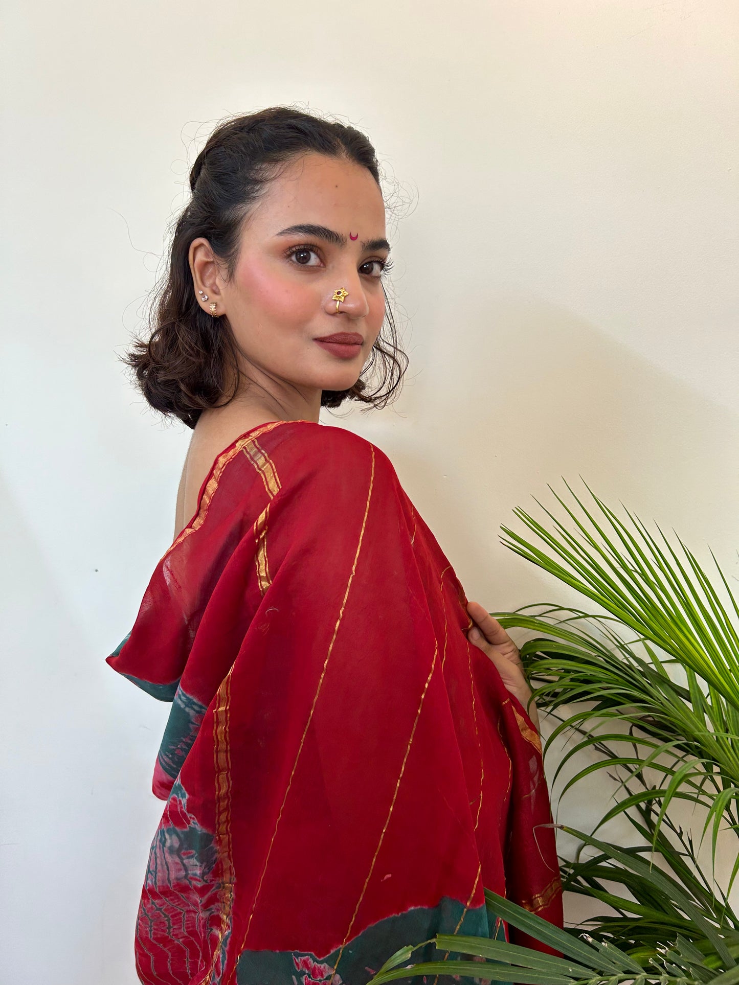 Pink and Pine Green Tie-Dye Cotton and Silk Chanderi Saree