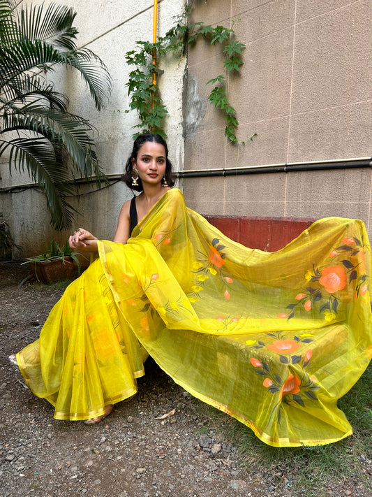 Bright Yellow Organza Handpainted Saree