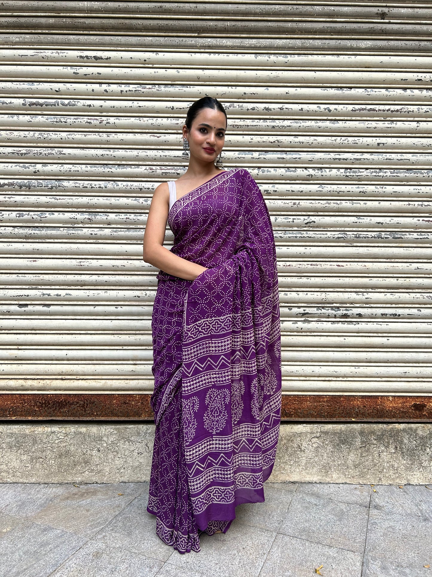 Violet Chiffon Handblock Print Saree