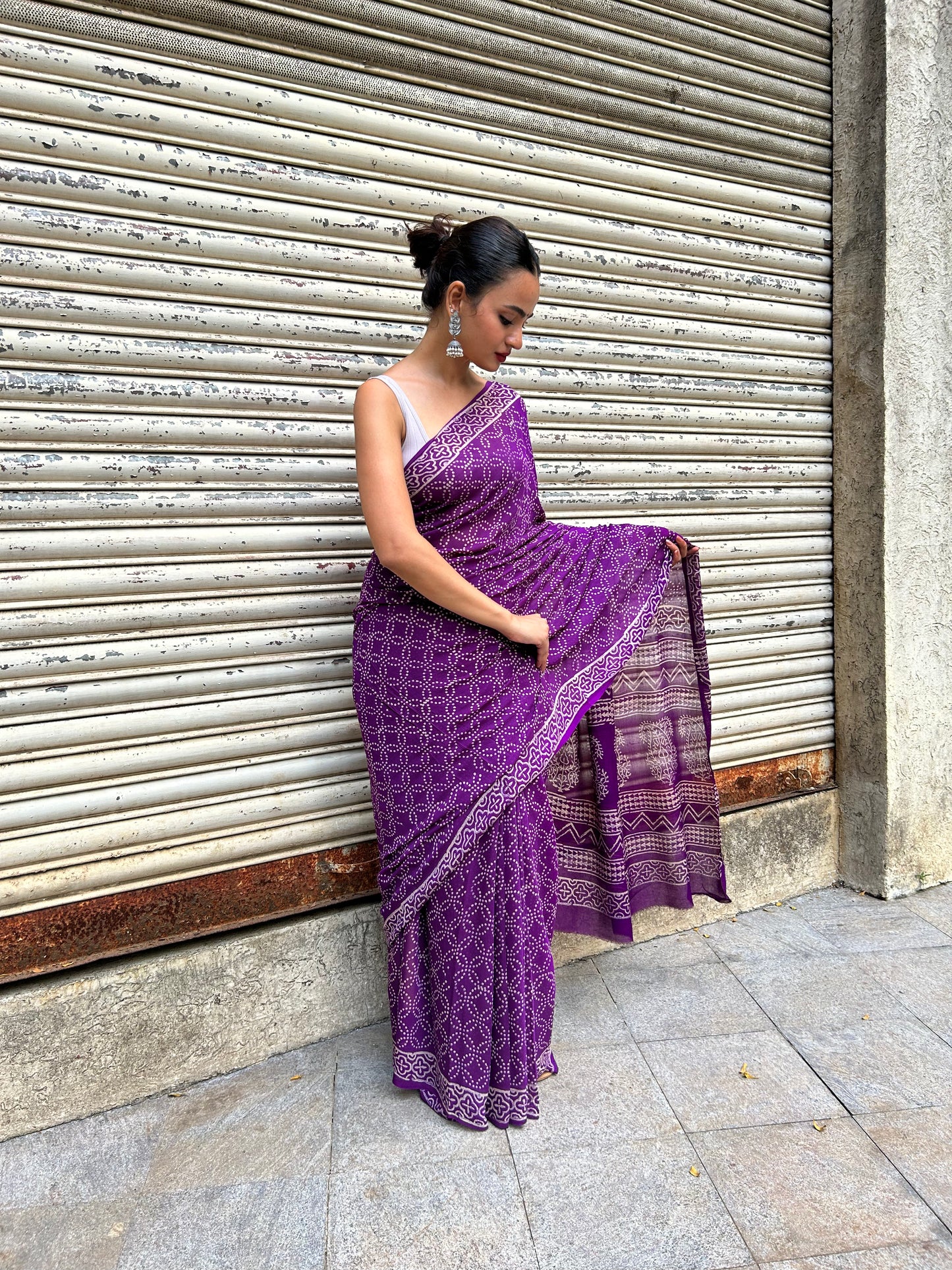 Violet Chiffon Handblock Print Saree