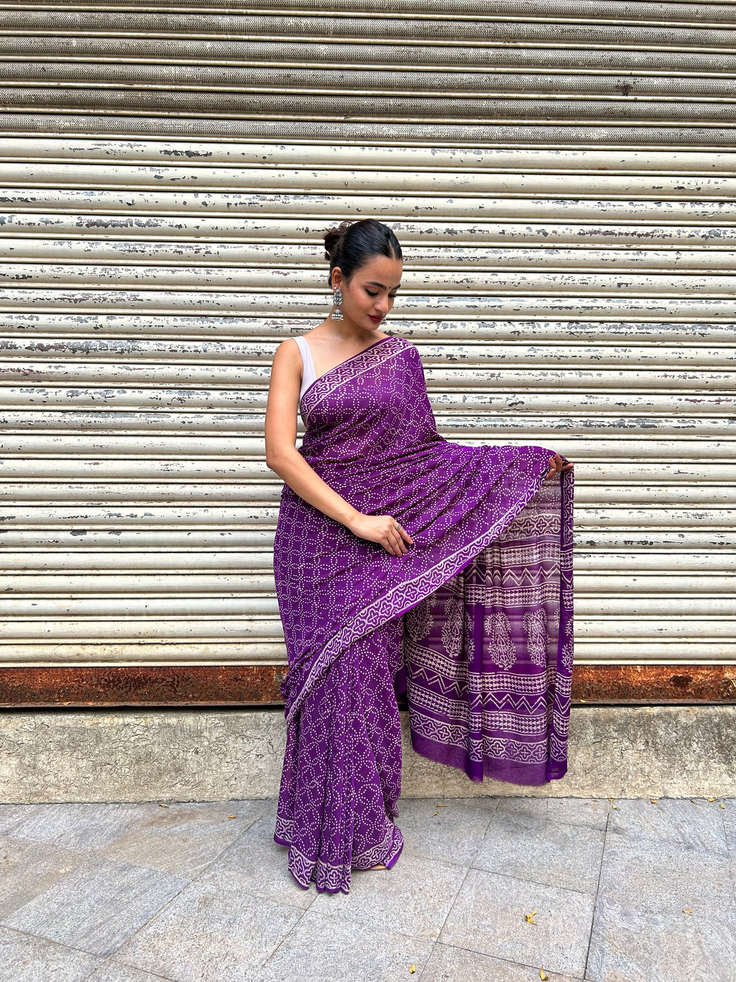 Violet Chiffon Handblock Print Saree
