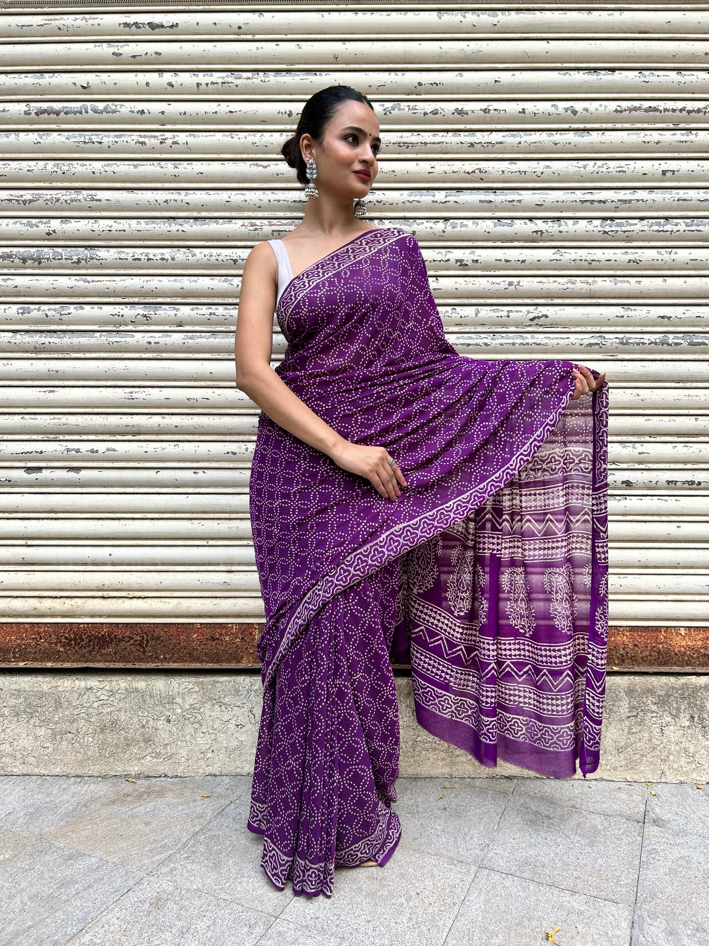 Violet Chiffon Handblock Print Saree