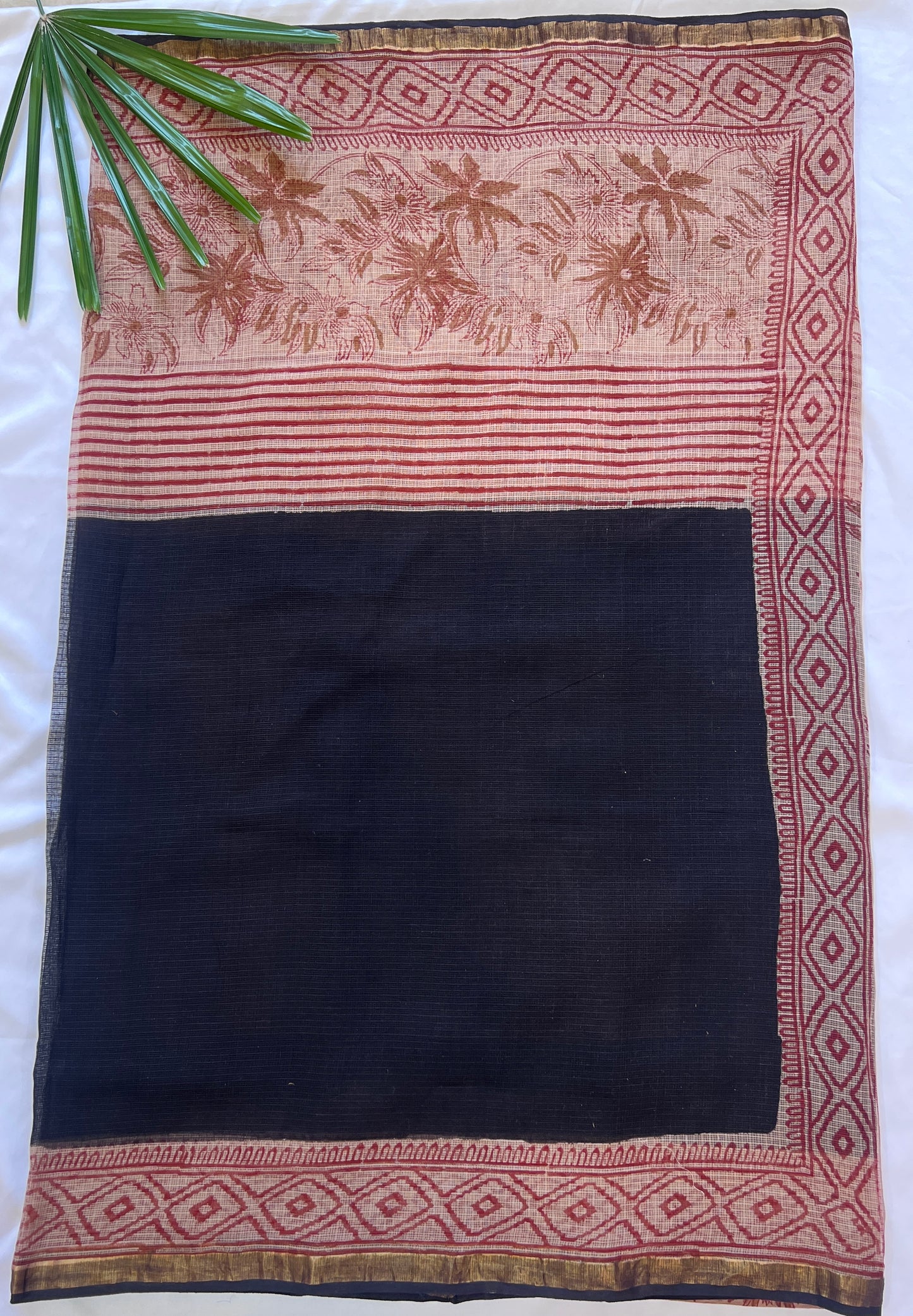 Black and Rustic Red Kota Doria Handblock Print Saree