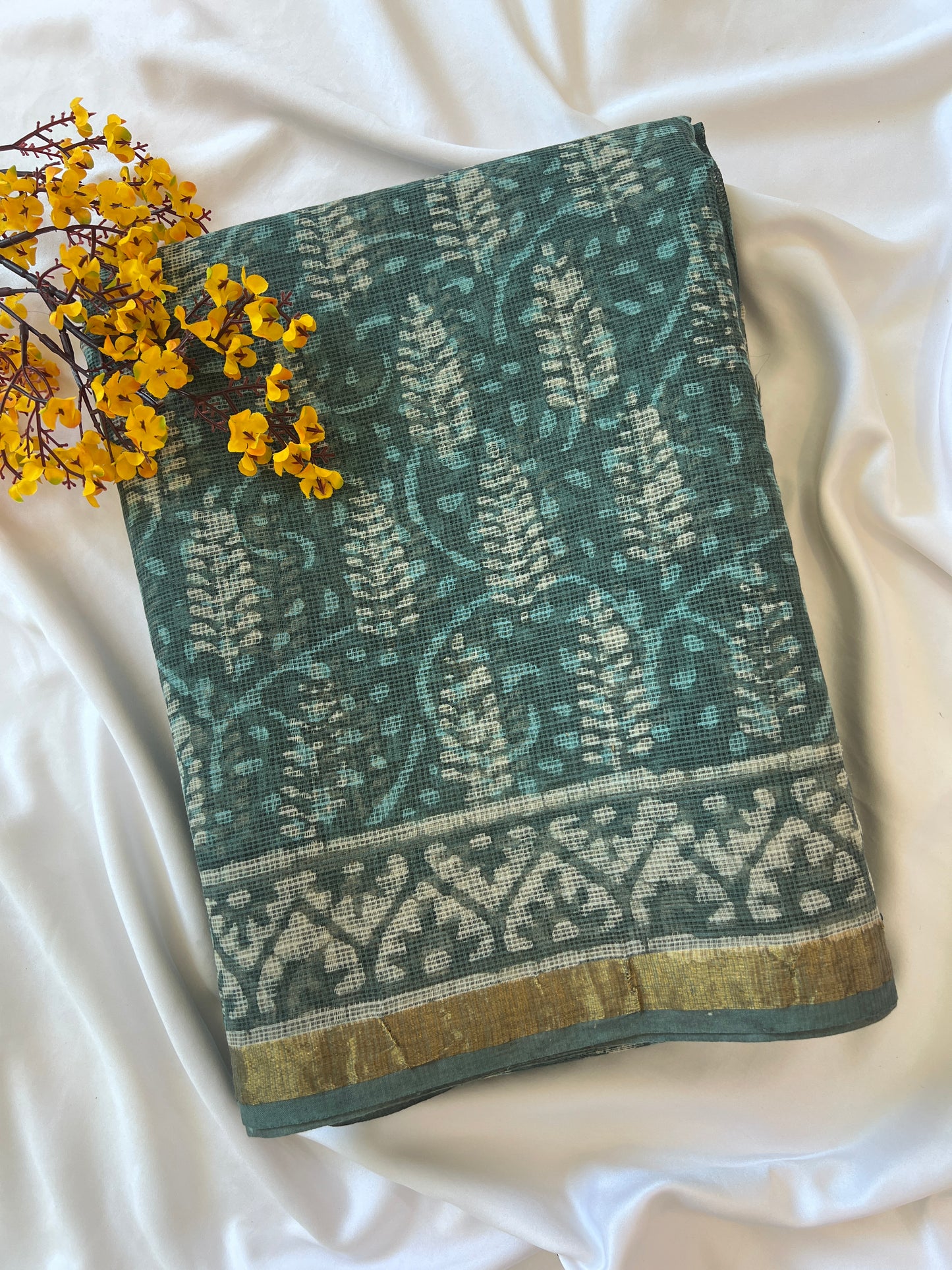 GO GO Green Kota Doria Handblock Print Saree