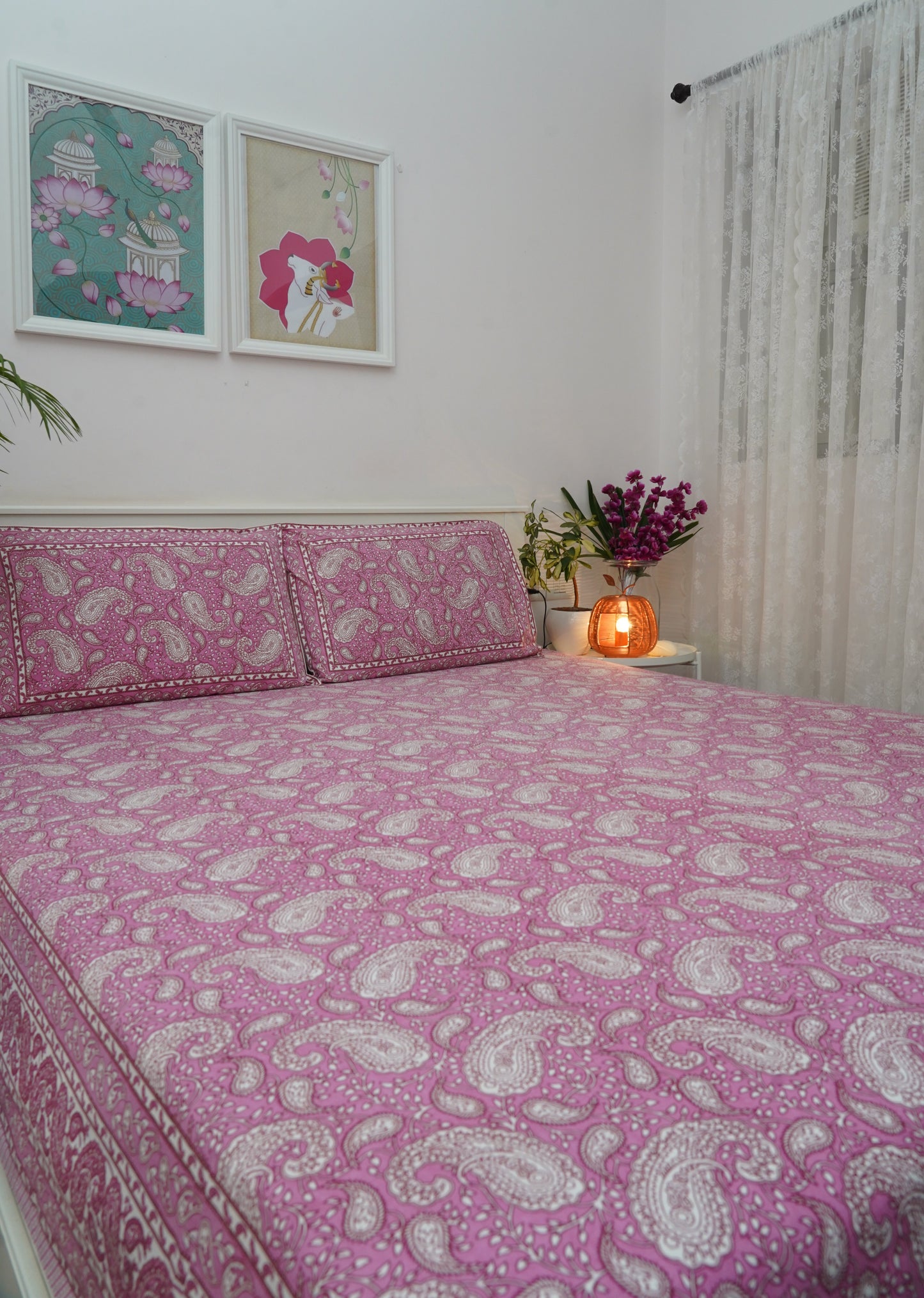 Cherry Blossom- Pink & White King Size 100% Cotton Handblock Print Bedsheet