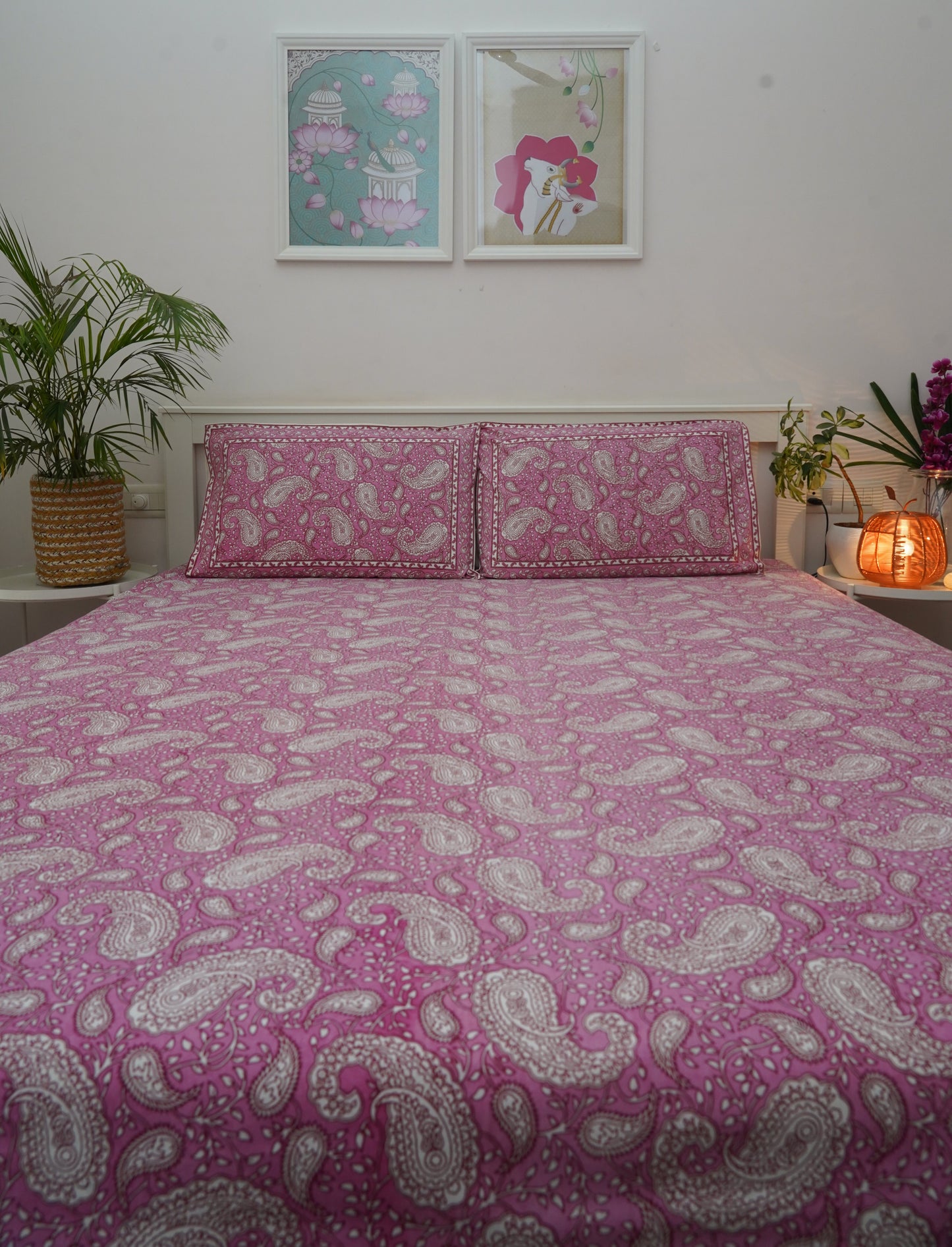 Cherry Blossom- Pink & White King Size 100% Cotton Handblock Print Bedsheet