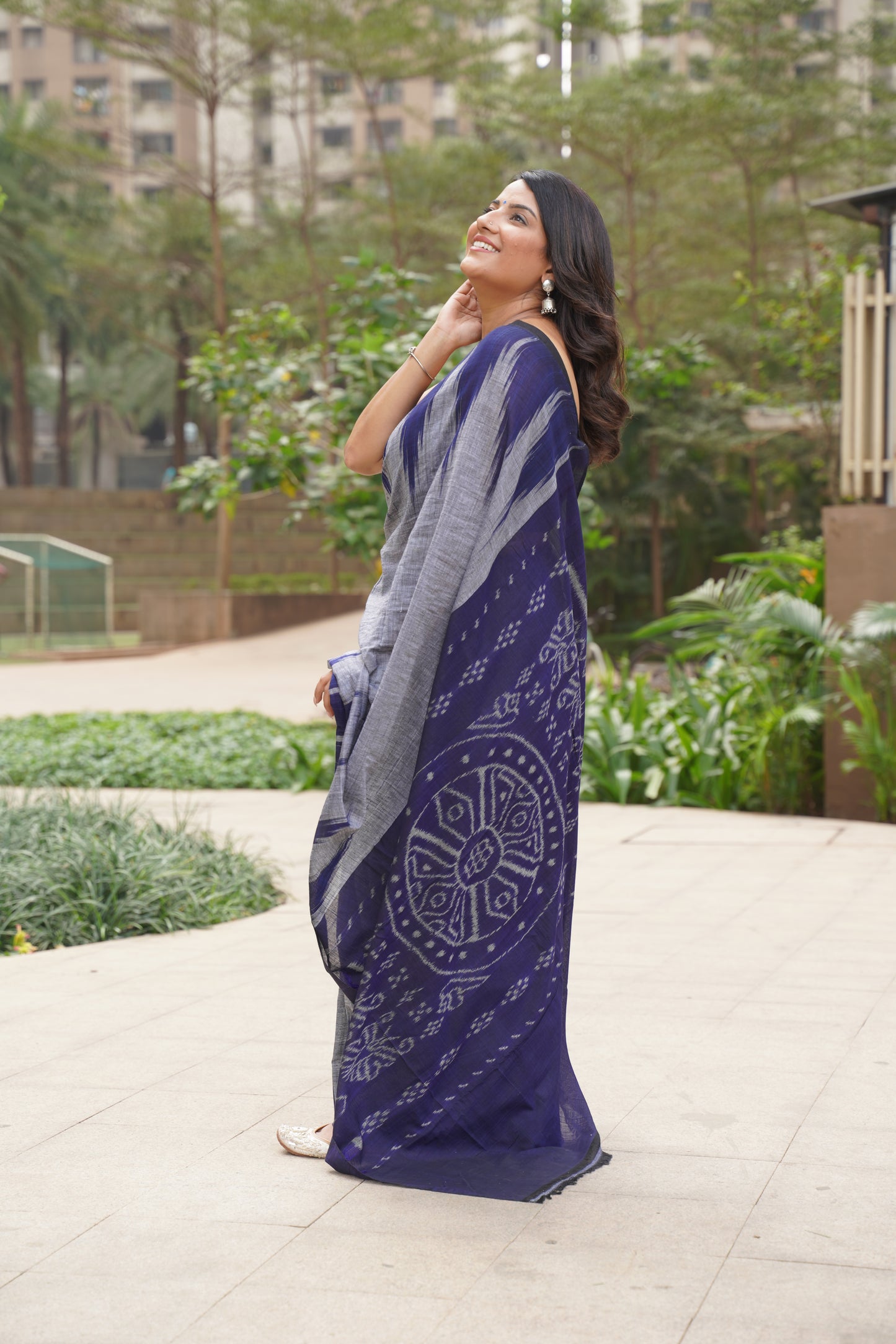 Grey and Navy Blue Sambalpuri Cotton Saree