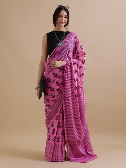 Raani Gulaabi With Kaala Buta Mul Cotton Saree