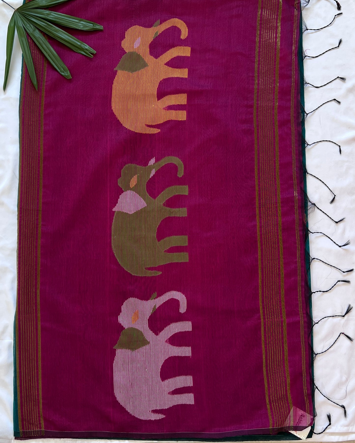Dark Fuchsia Pink and Pine Green Cotton Silk Thread work Saree