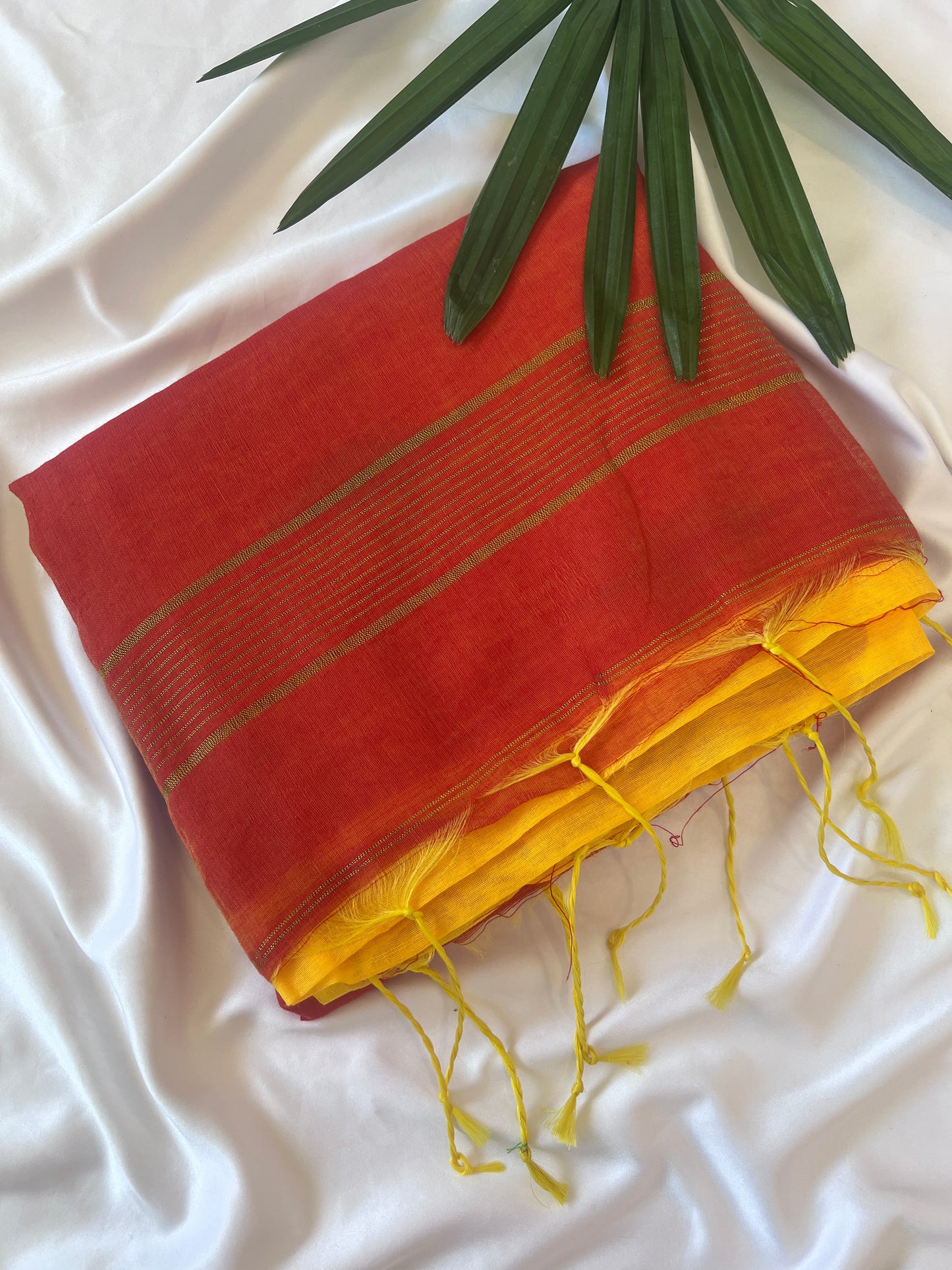 Red Orange and Mustard Yellow Cotton Silk Thread work Saree