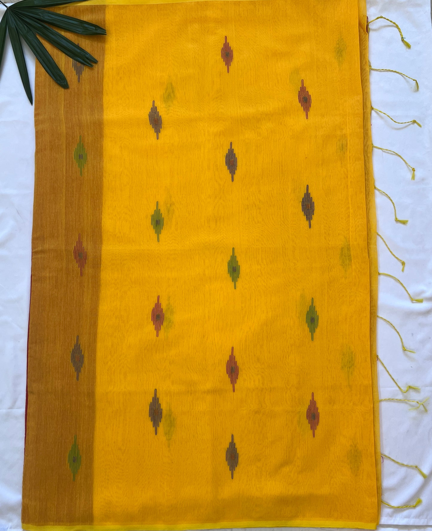 Red Orange and Mustard Yellow Cotton Silk Thread work Saree