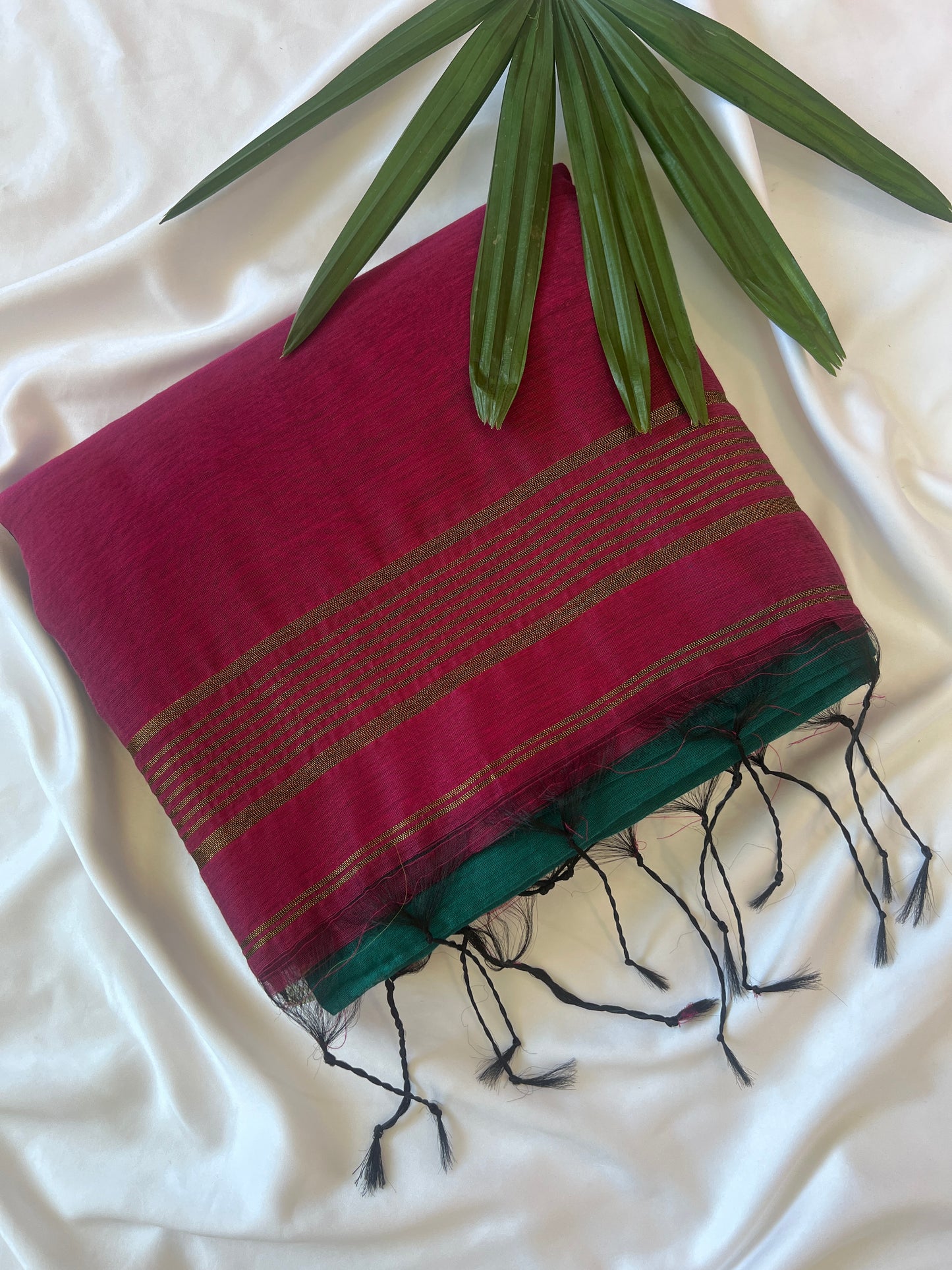 Dark Fuchsia Pink and Pine Green Cotton Silk Thread work Saree
