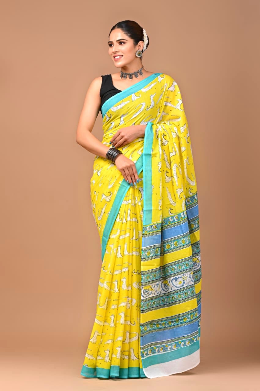 Cheeky Crocodile Yellow Cotton Saree