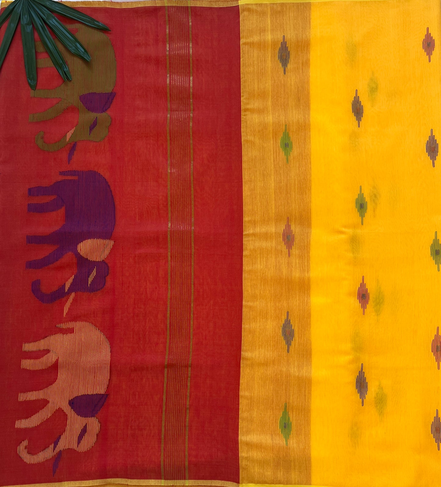 Red Orange and Mustard Yellow Cotton Silk Thread work Saree