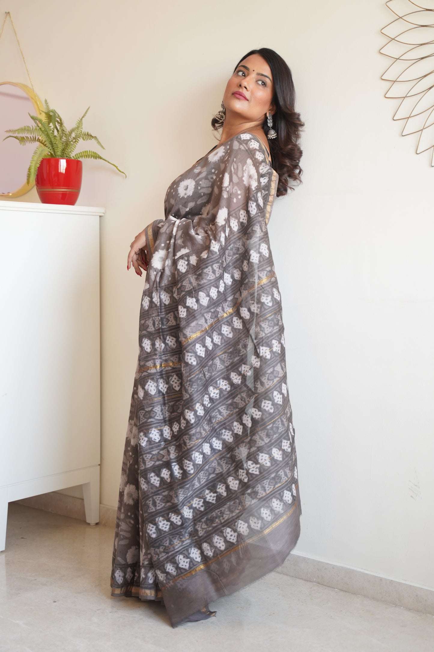 Mink Grey Cotton and Silk Chanderi Handblock Print Saree