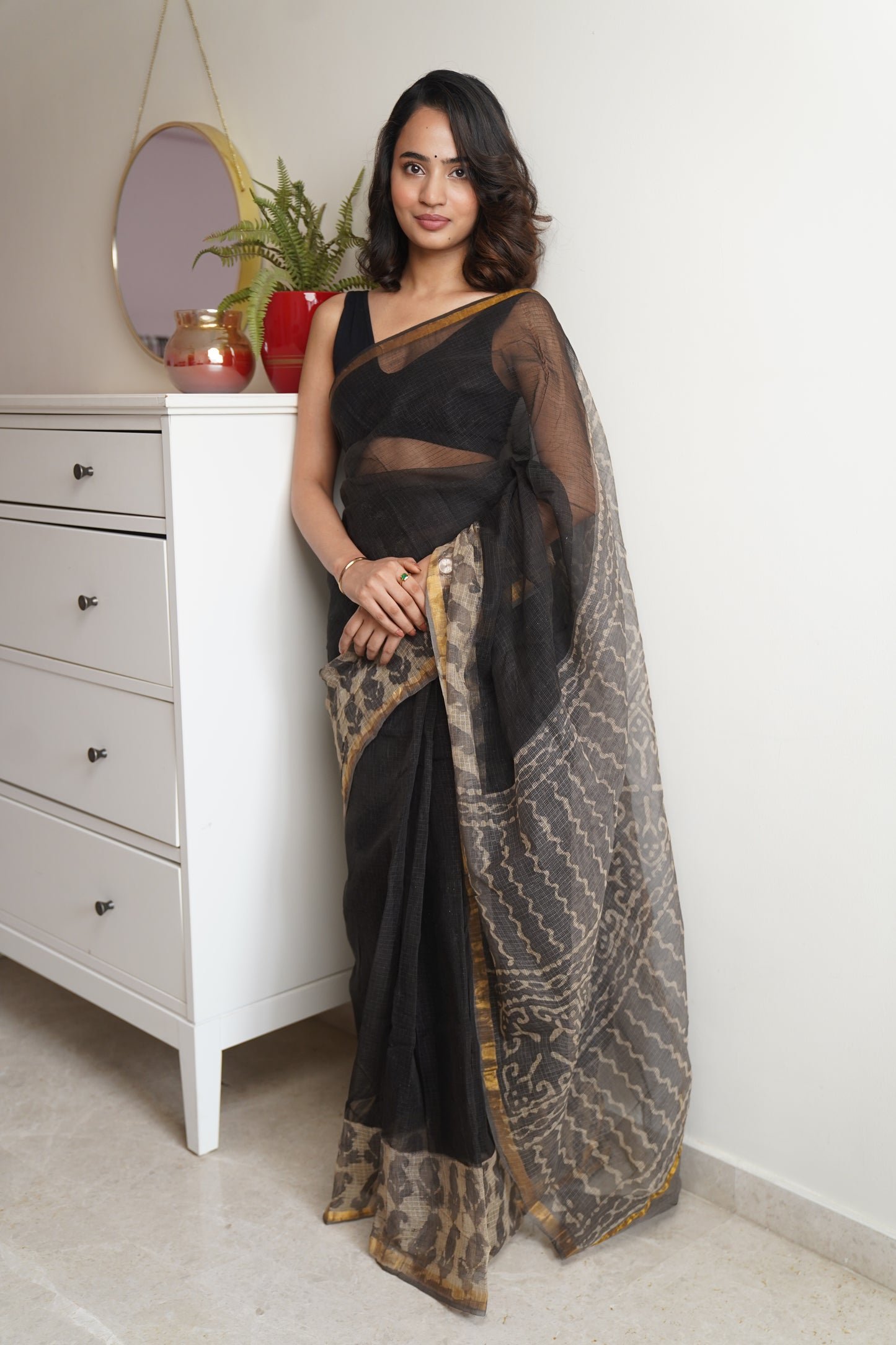 Black & Grey Handblock Print Kota Doria Saree