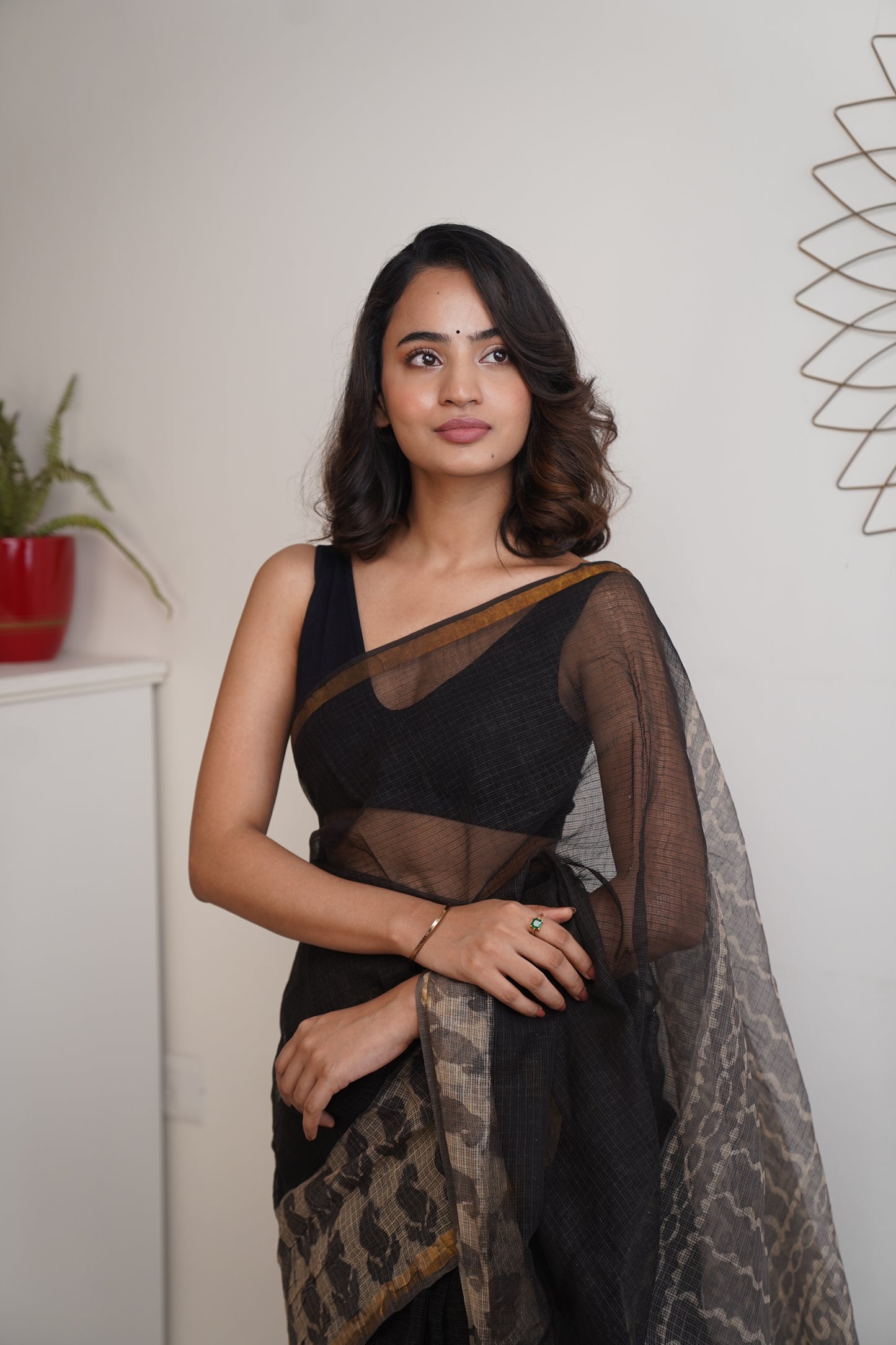 Black & Grey Handblock Print Kota Doria Saree