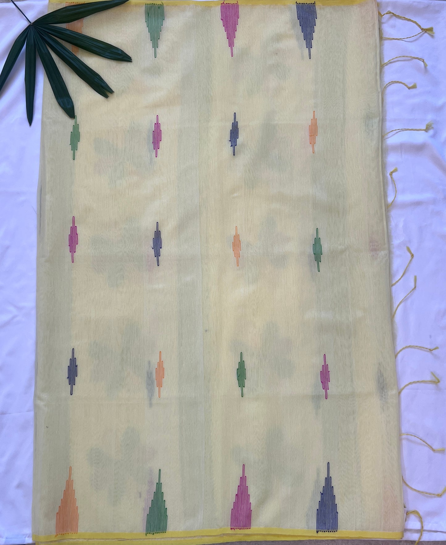 Lemon Yellow Cotton Silk Thread work Saree