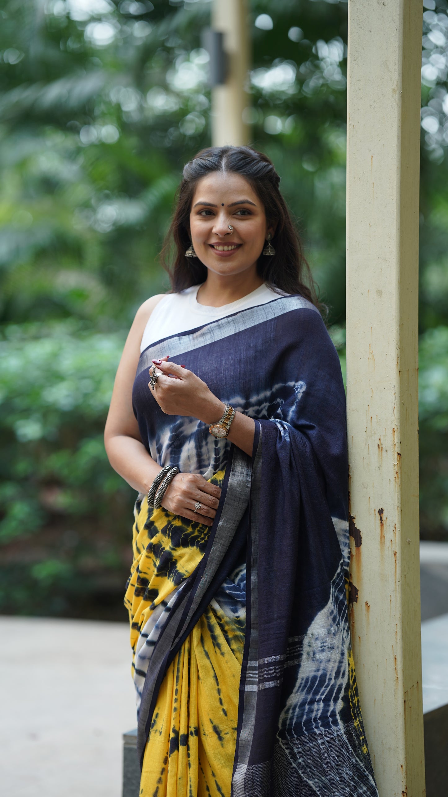 Yellow and Blue Tie - Dye Linen Saree
