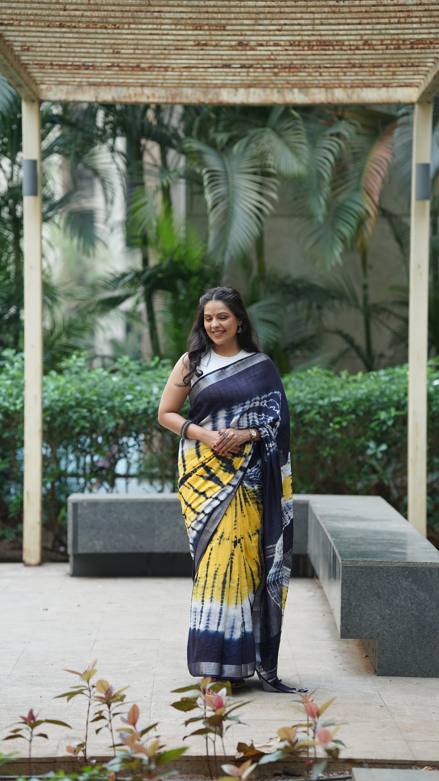 Yellow and Blue Tie - Dye Linen Saree