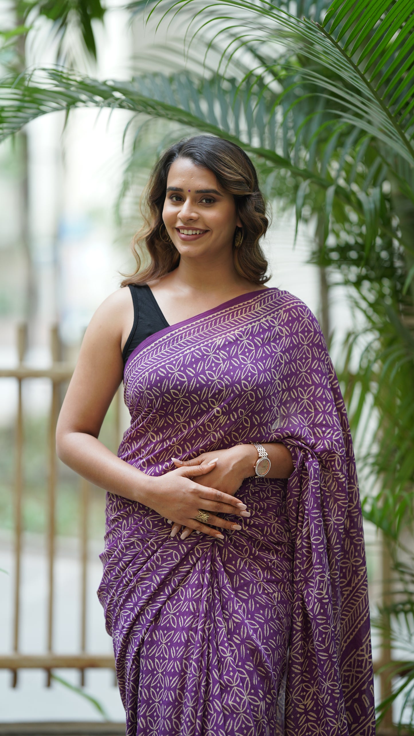 Violet Chiffon Handblock Print Saree