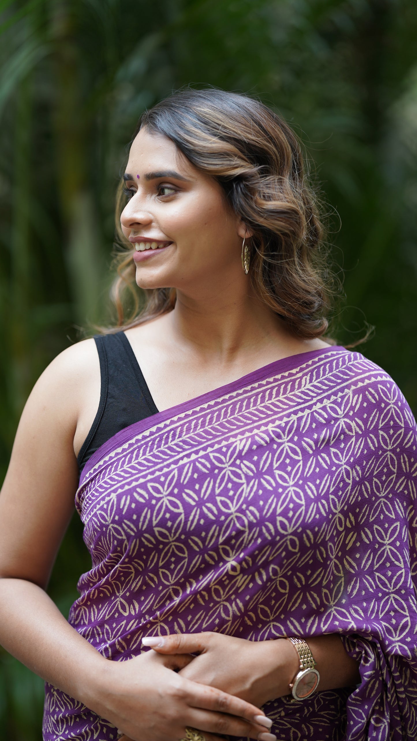 Violet Chiffon Handblock Print Saree