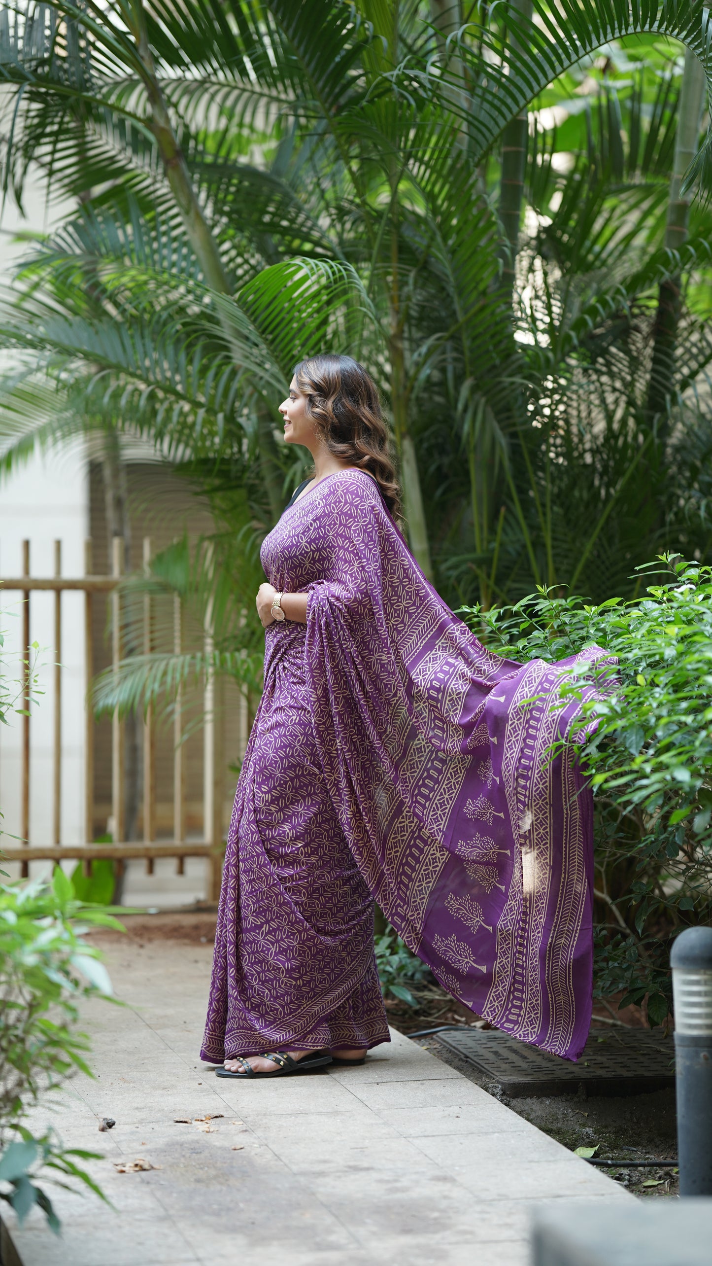 Violet Chiffon Handblock Print Saree