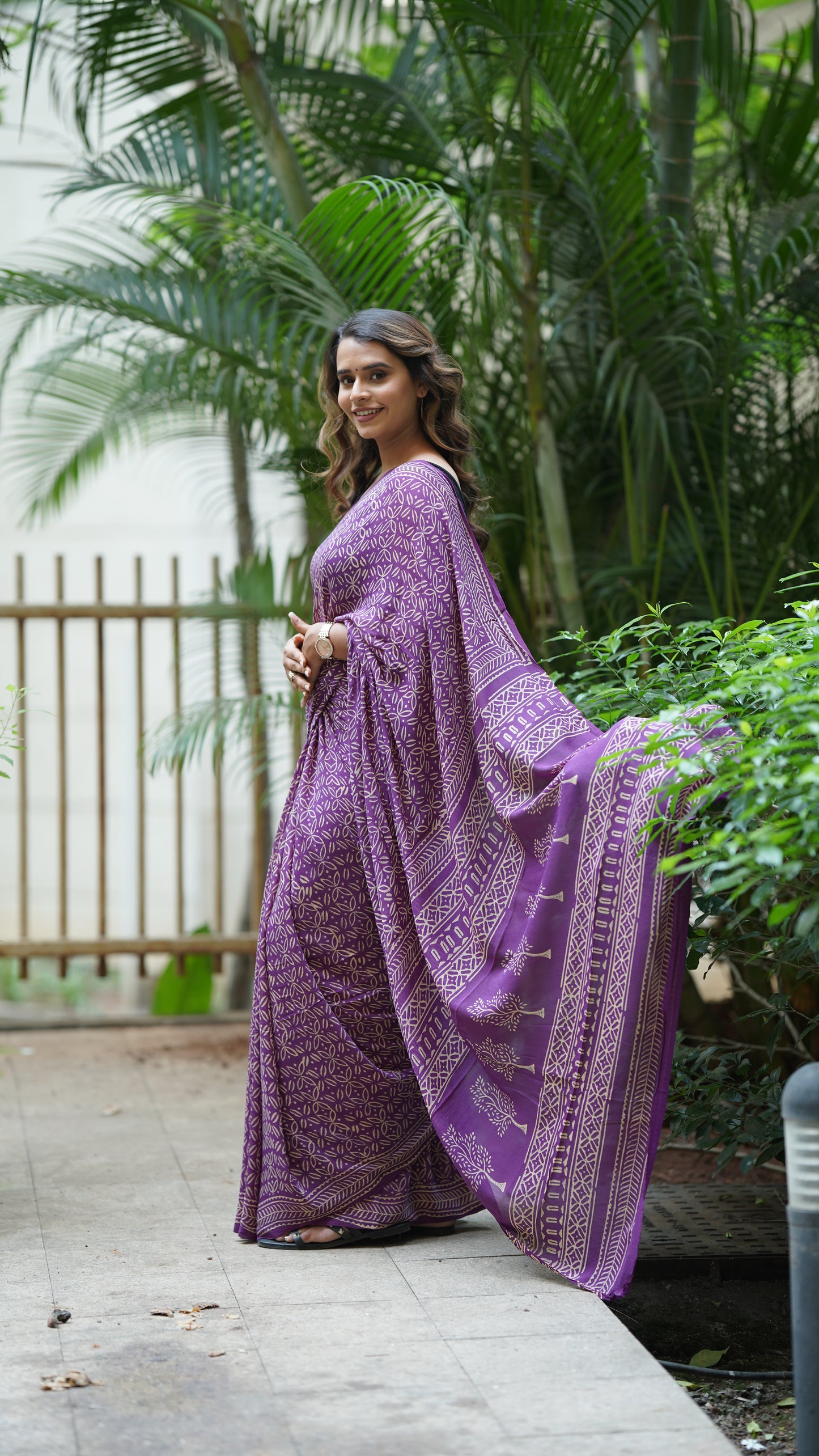 Violet Chiffon Handblock Print Saree