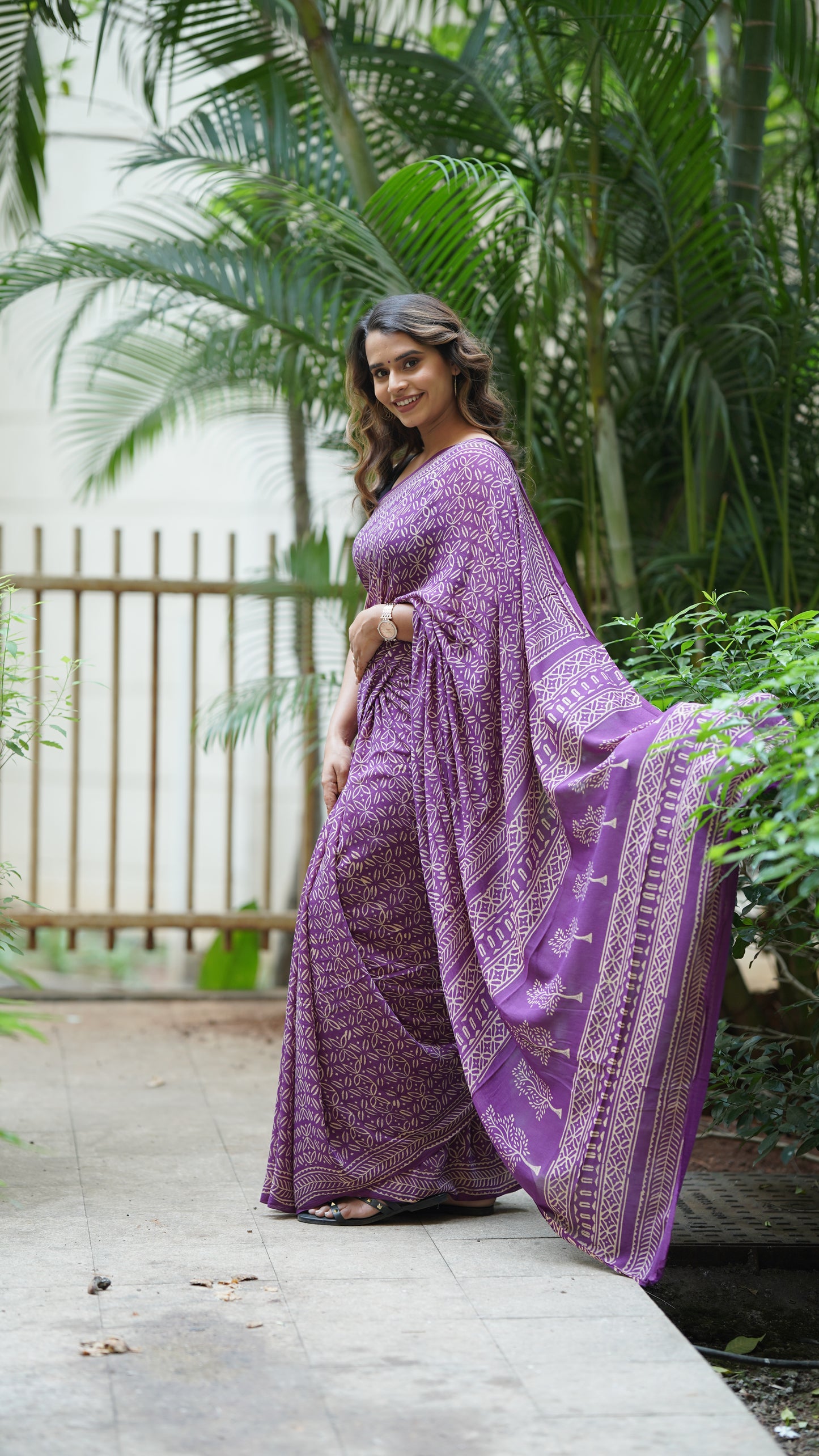 Violet Chiffon Handblock Print Saree