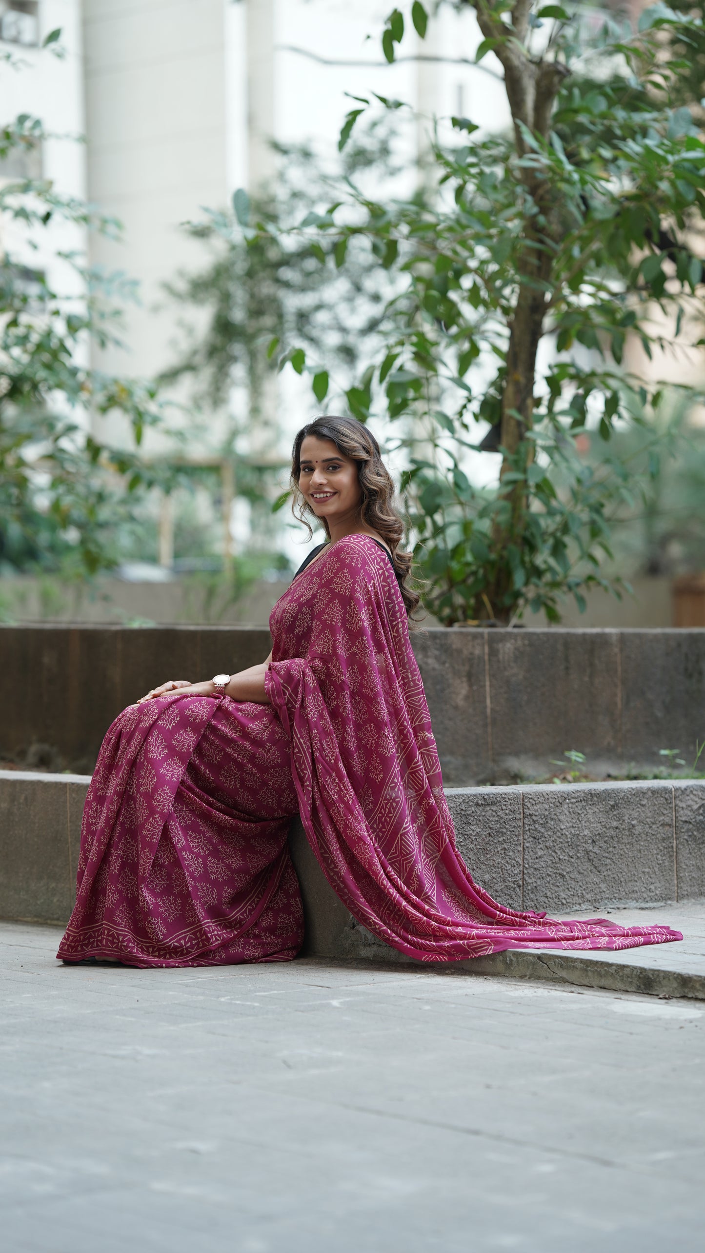 Shiraz Maroon Chiffon Handblock Print Saree