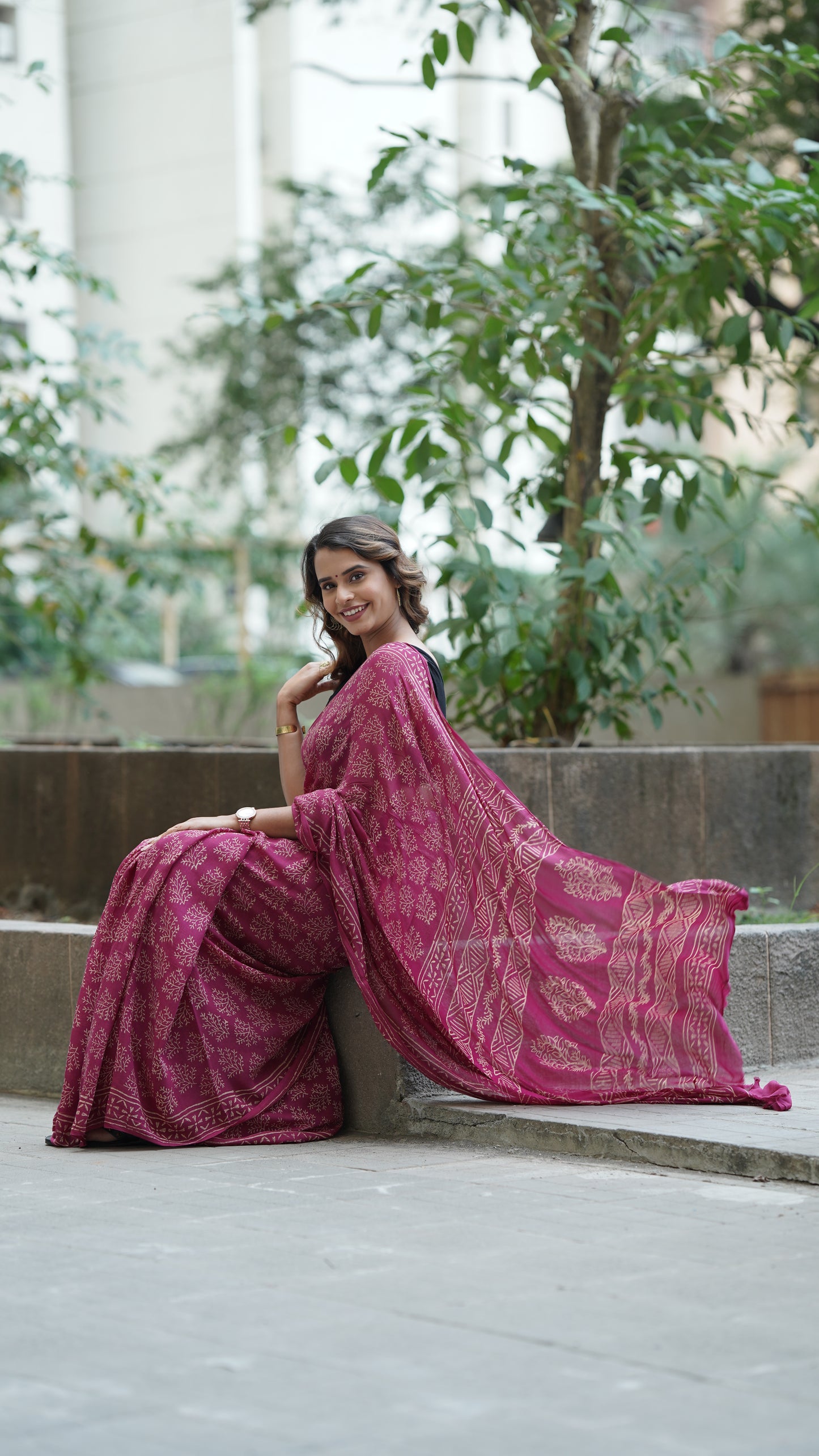 Shiraz Maroon Chiffon Handblock Print Saree