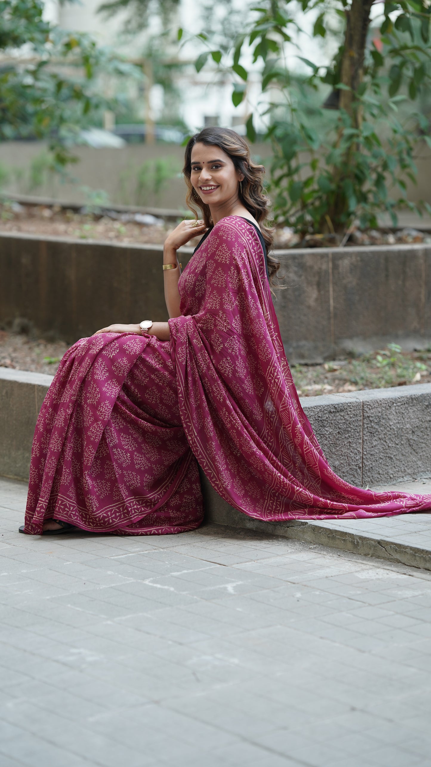 Shiraz Maroon Chiffon Handblock Print Saree