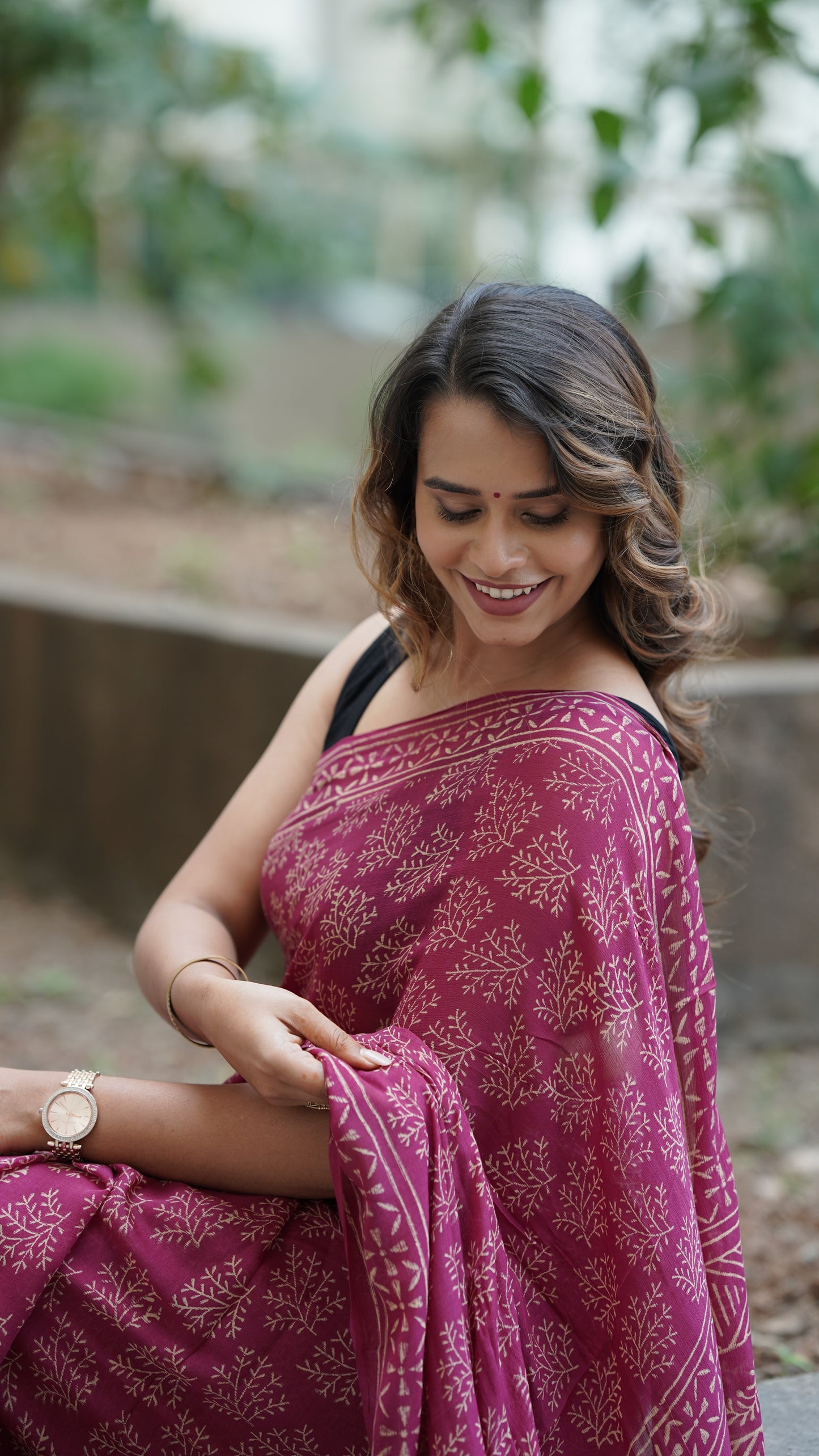 Shiraz Maroon Chiffon Handblock Print Saree