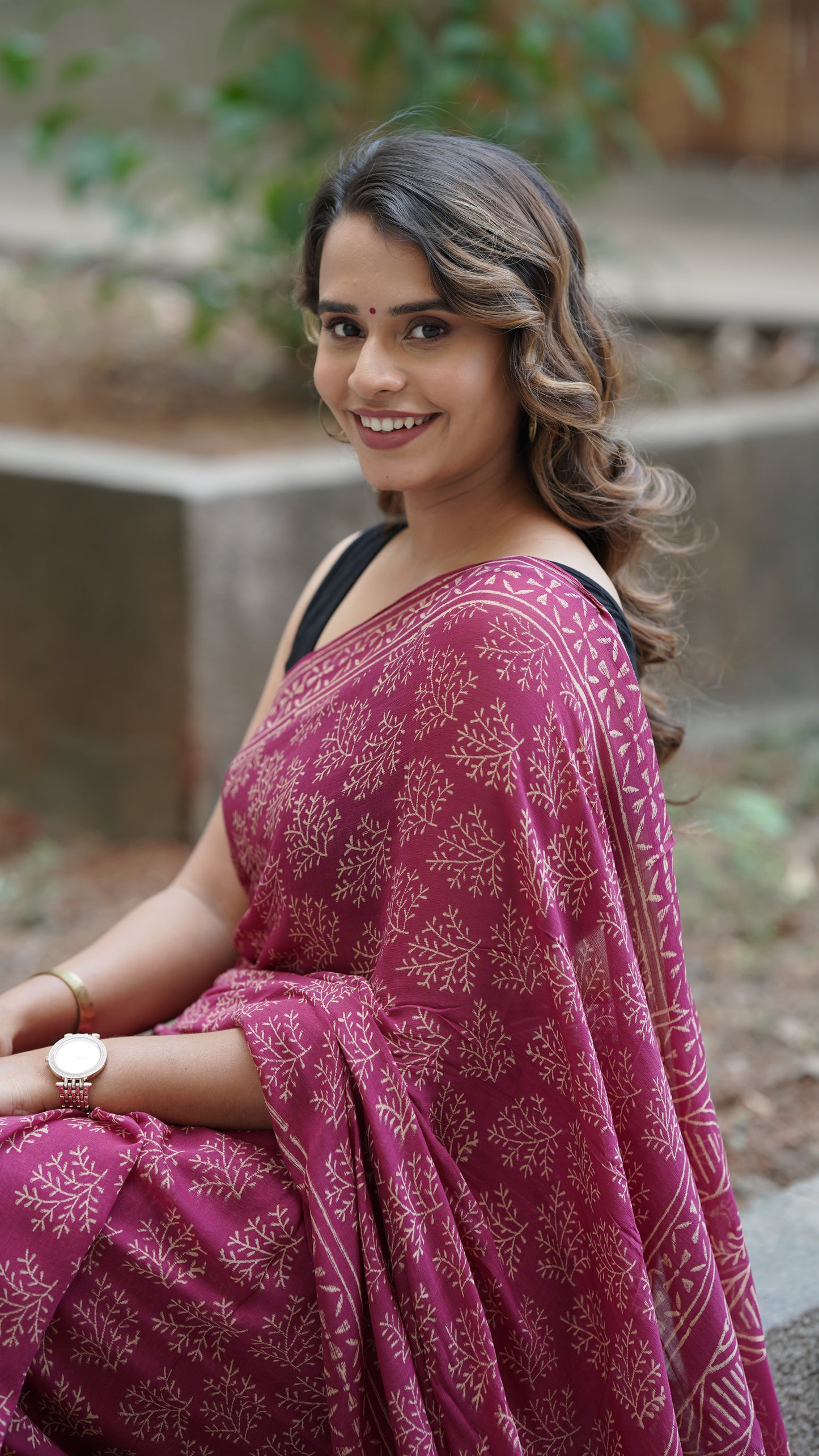 Shiraz Maroon Chiffon Handblock Print Saree