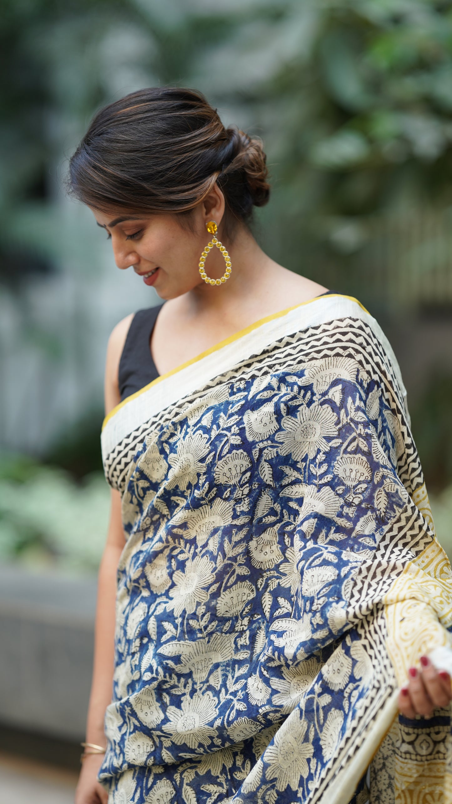 Classic Blue Linen Handblock Print Saree