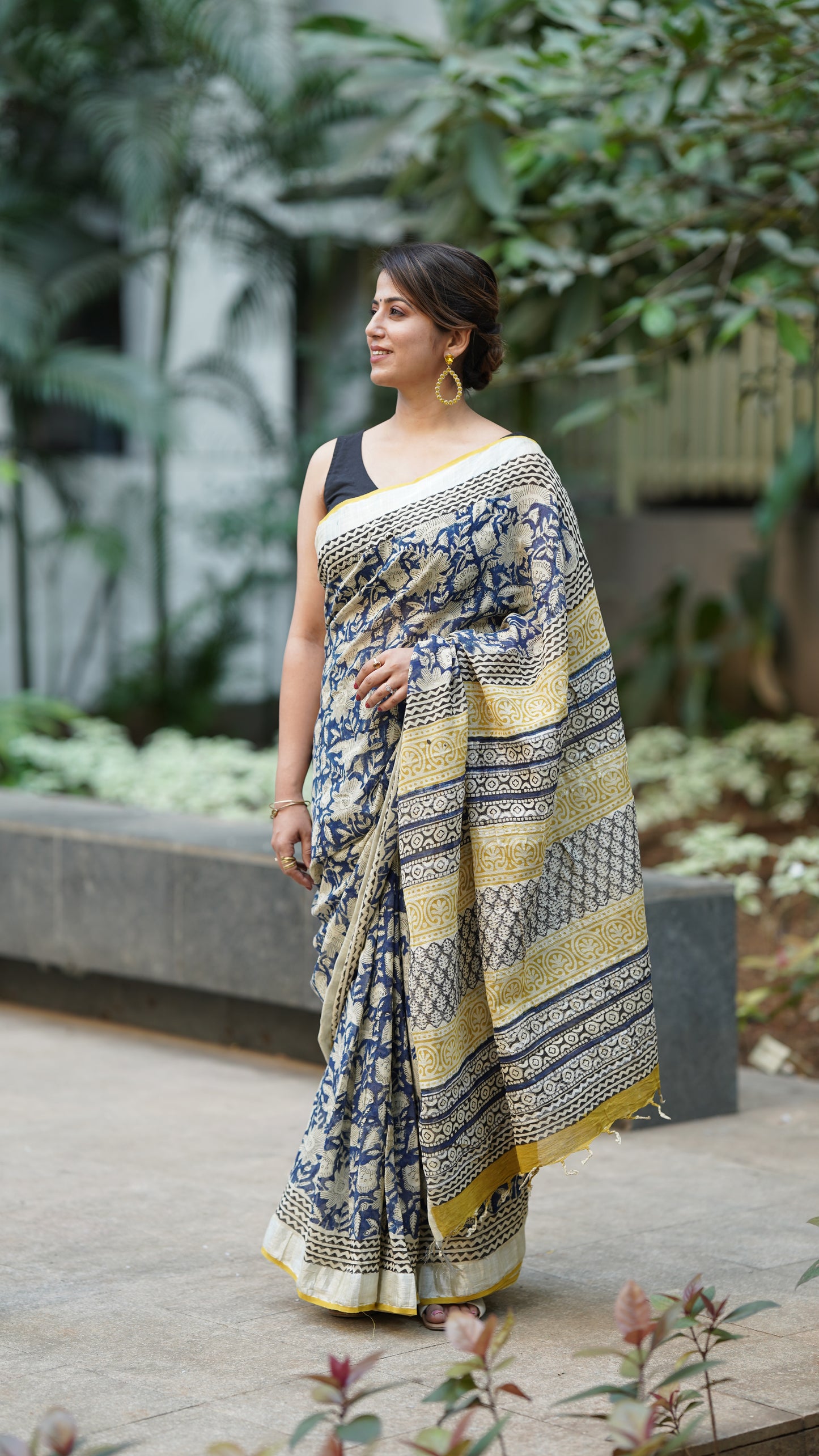 Classic Blue Linen Handblock Print Saree