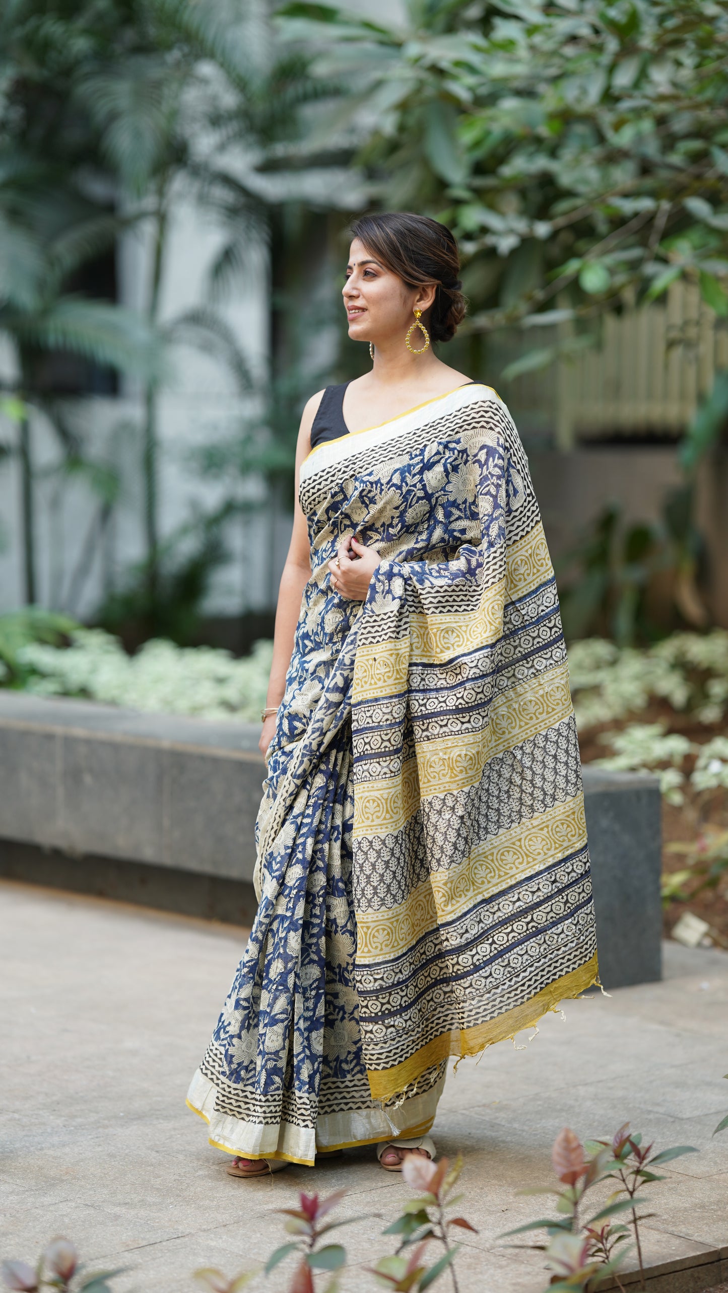 Classic Blue Linen Handblock Print Saree