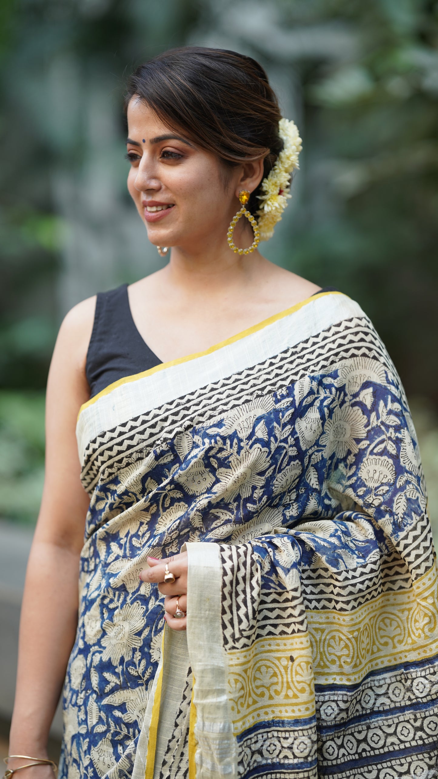 Classic Blue Linen Handblock Print Saree