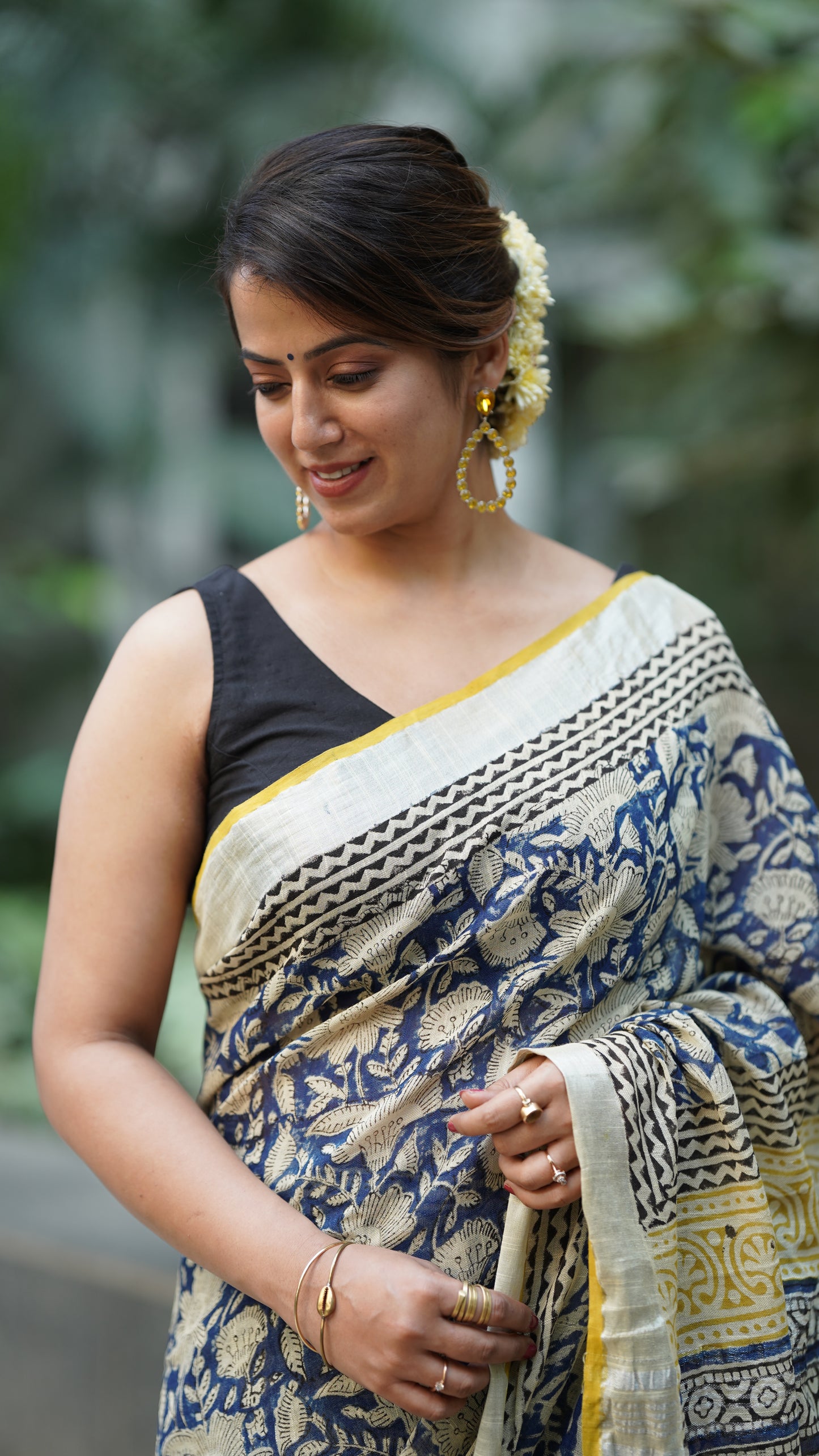 Classic Blue Linen Handblock Print Saree