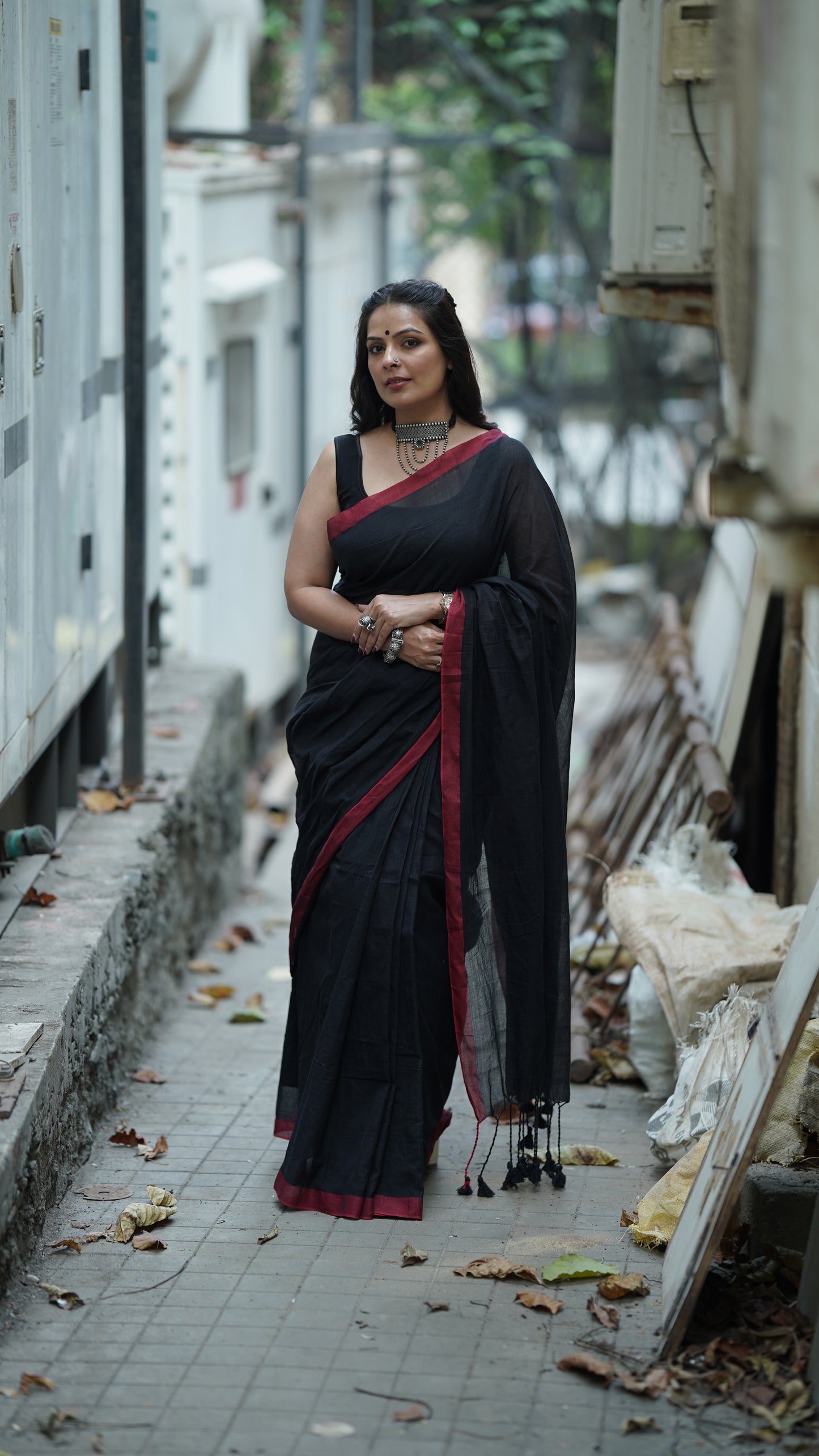 Black with Red Border Pure Cotton Saree