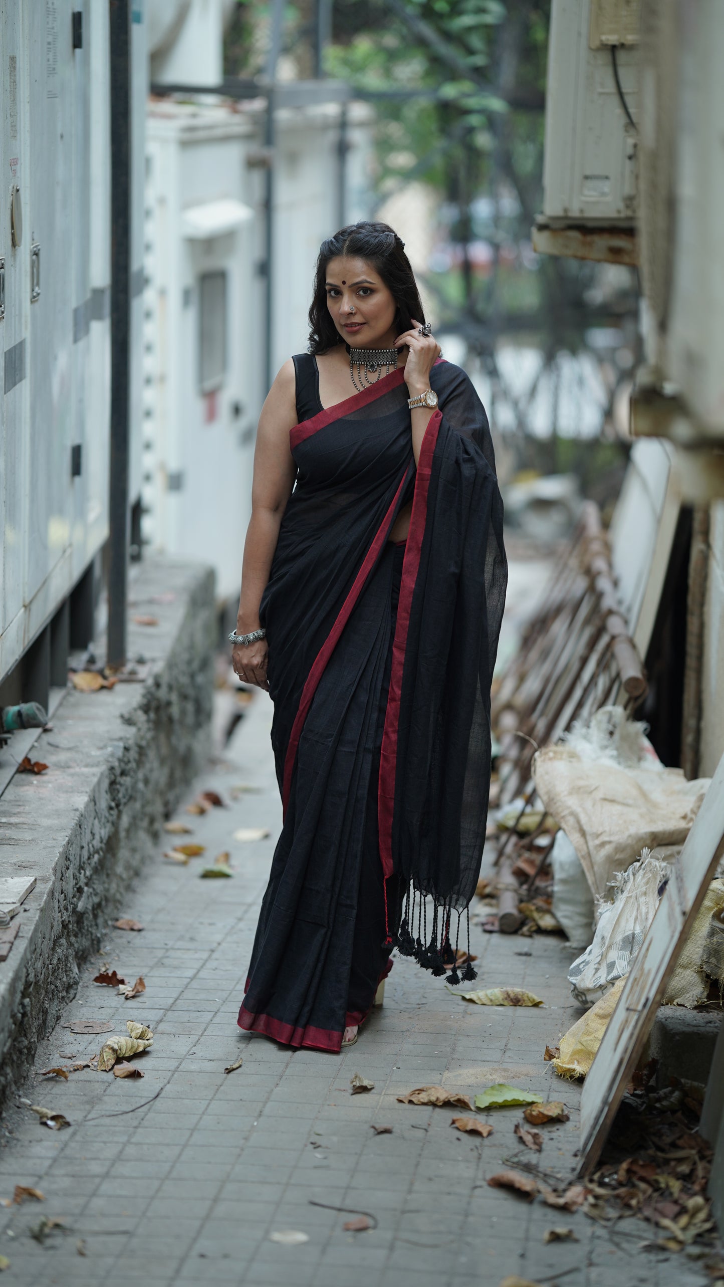 Black with Red Border Pure Cotton Saree