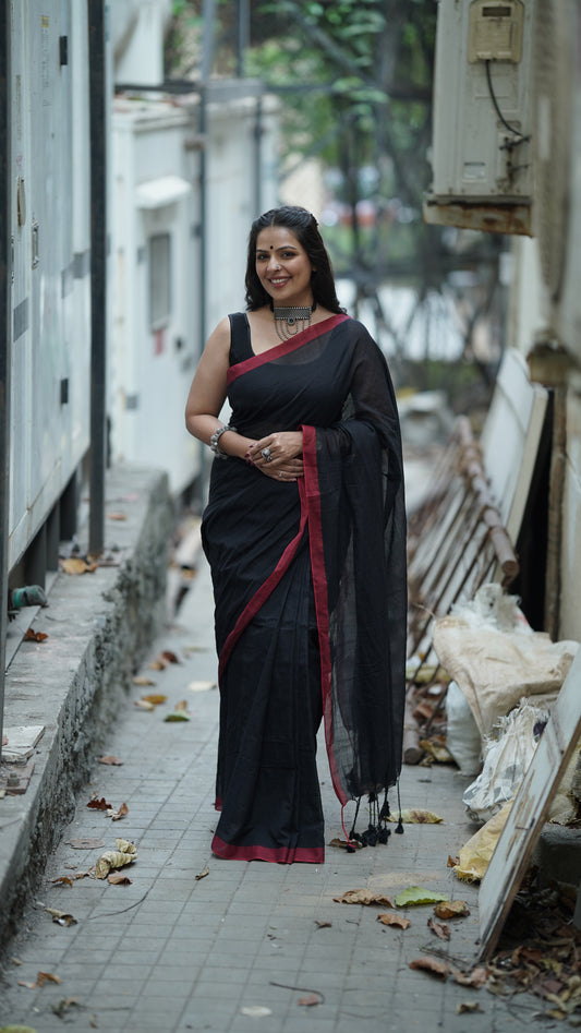 Black with Red Border Pure Cotton Saree
