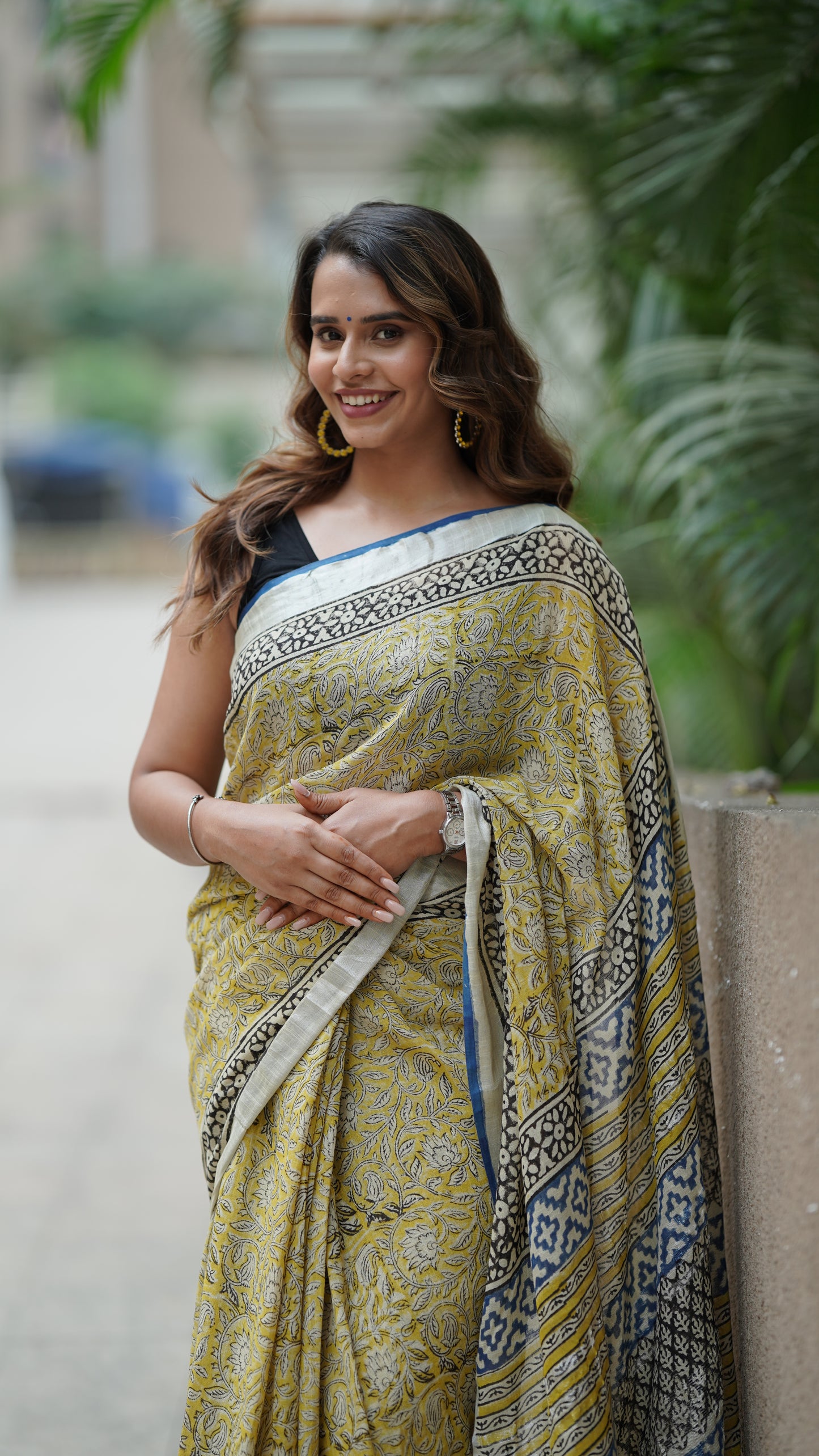 Pineapple Yellow Linen Handblock Print Saree