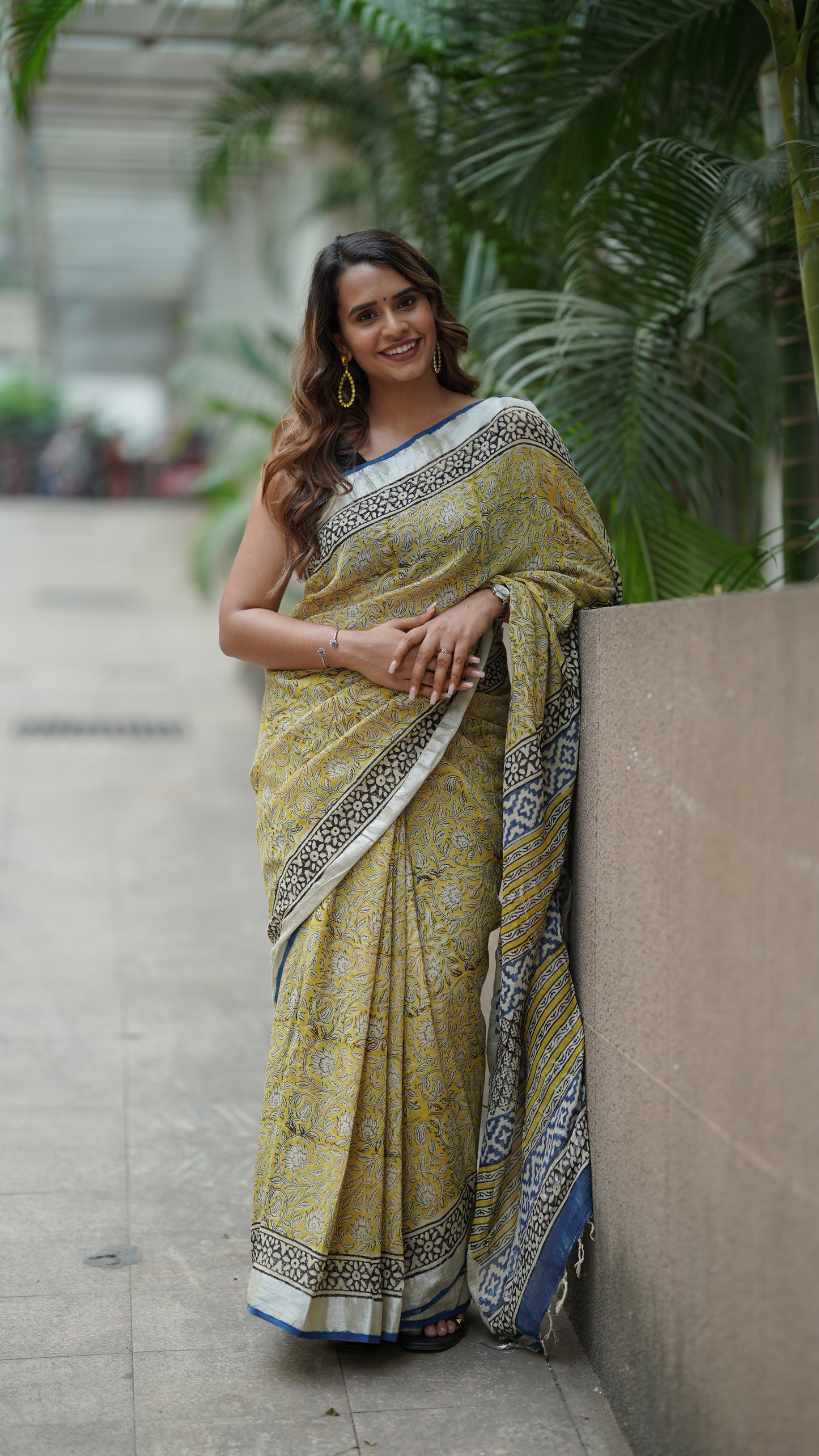 Pineapple Yellow Linen Handblock Print Saree