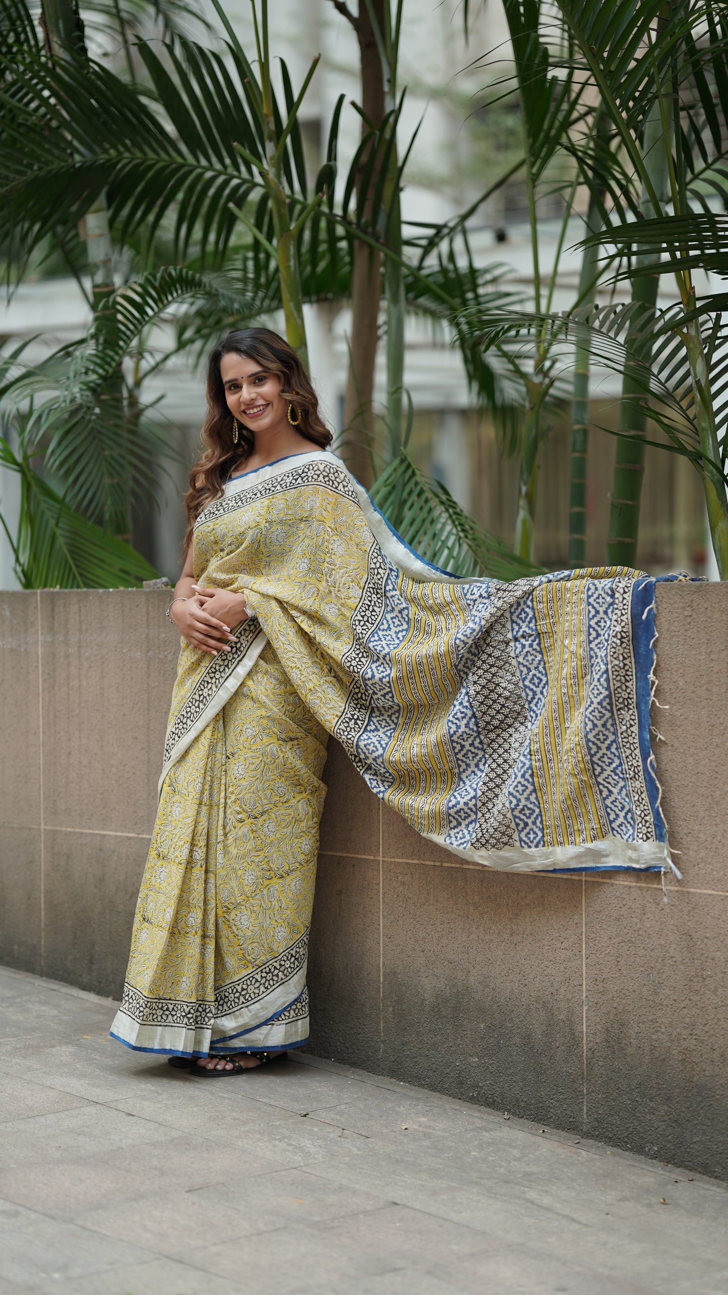 Pineapple Yellow Linen Handblock Print Saree